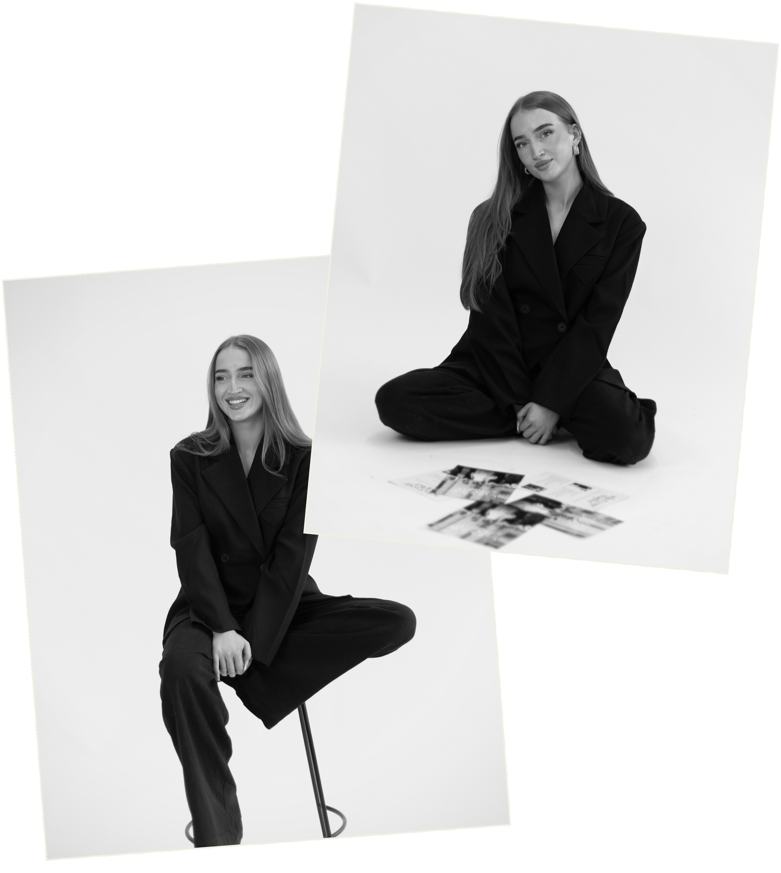Two black-and-white photos of a young woman with long hair, wearing a dark suit. In the first photo, she is sitting cross-legged on the floor with a slight smile, and in the second, she is sitting on a stool, smiling and looking away, with magazines on the ground.