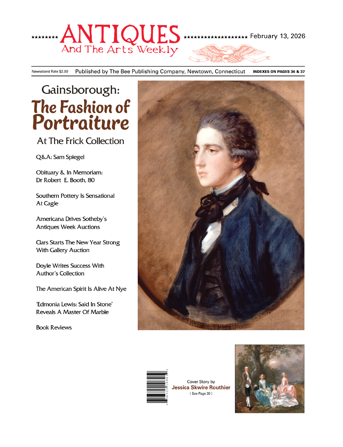 Cover of Antiques and The Arts Weekly magazine featuring a portrait of a young woman in 19th-century attire and a small painting of four people outdoors, with headlines about antique and art topics.