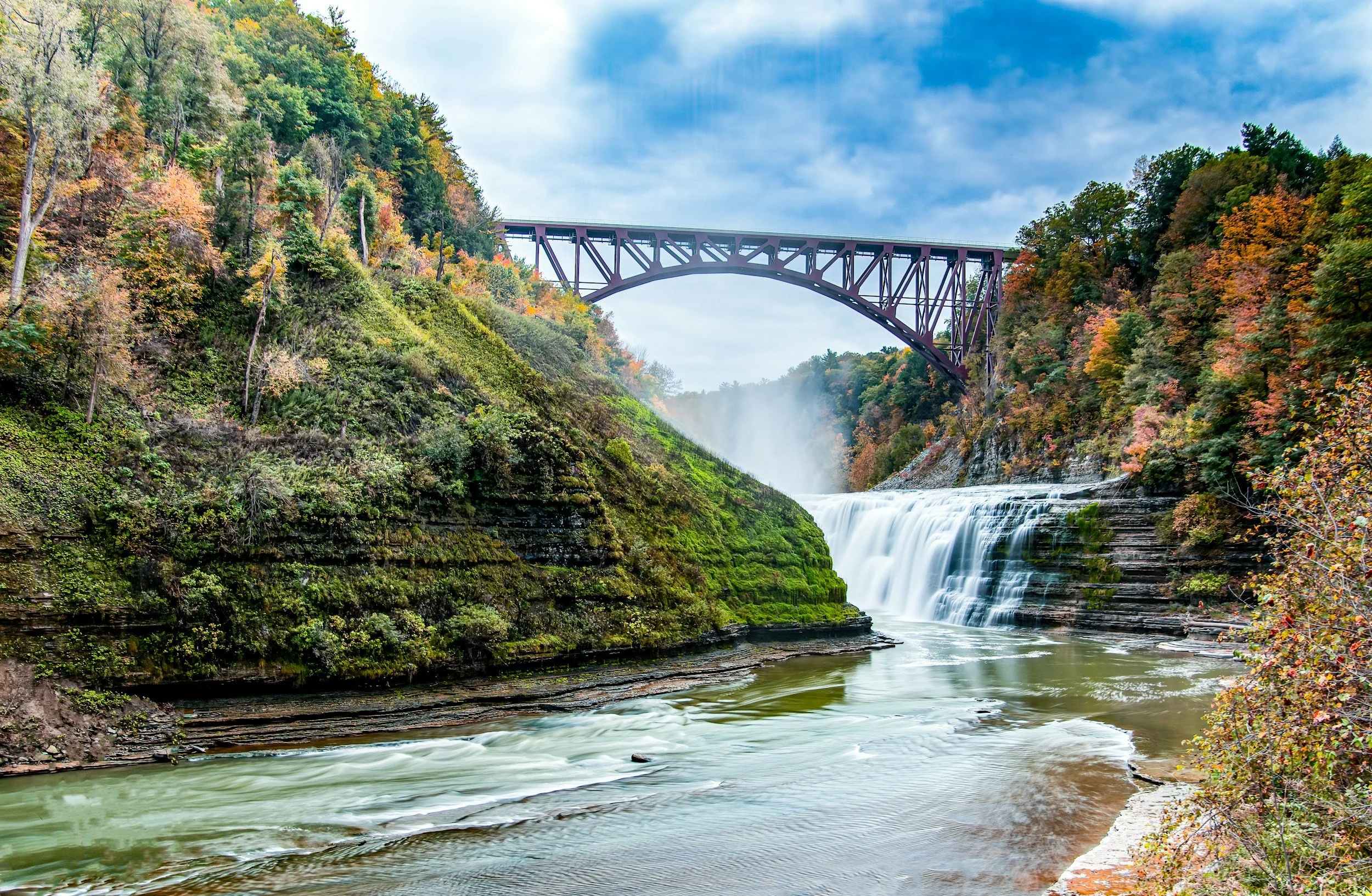 A scenic view of Niagara Falls with the Rainbow Bridge crossing above, surrounded by colorful autumn trees under a partly cloudy sky.