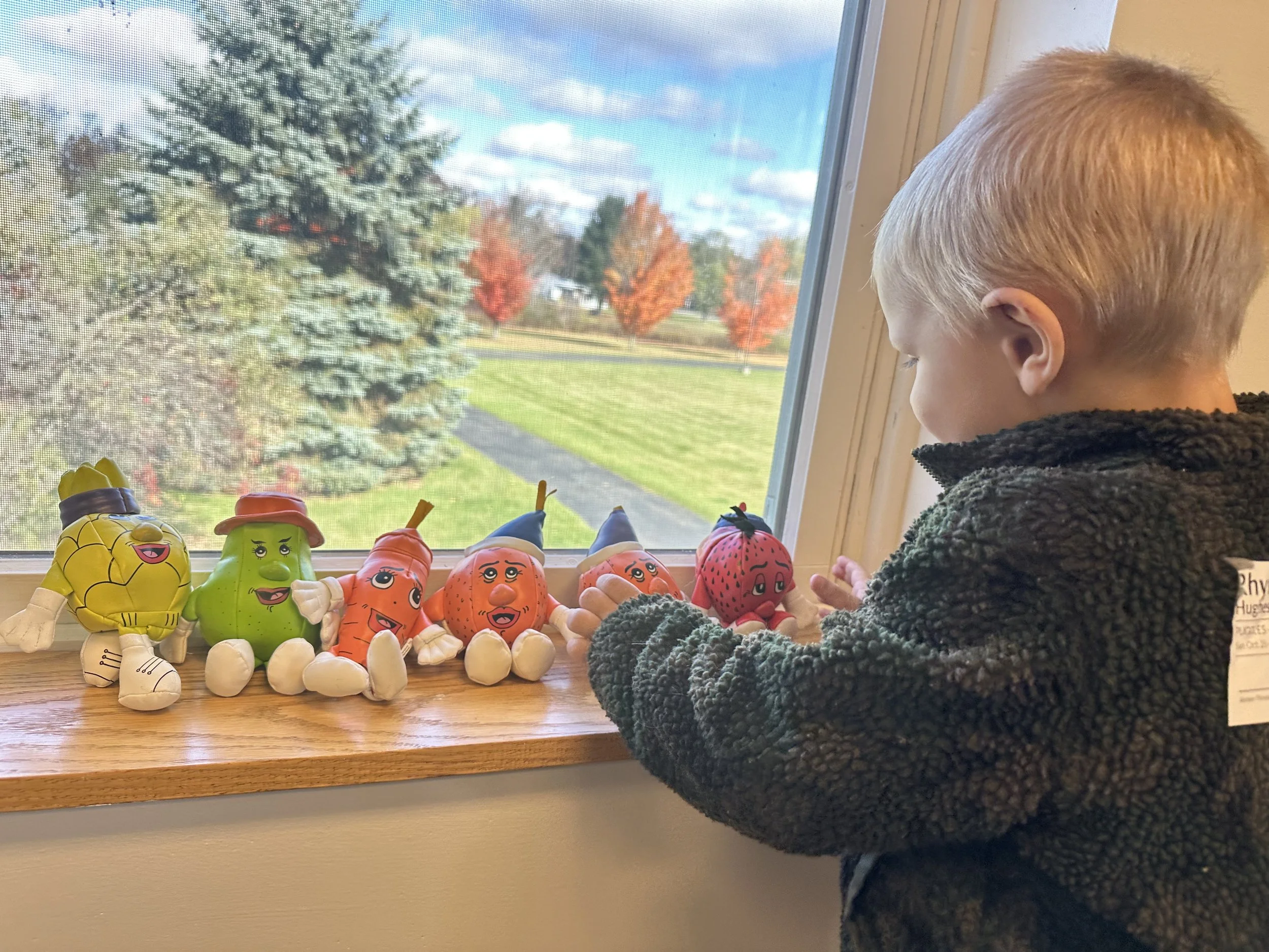 A young boy looking at plush fruit characters on a windowsill outdoors with autumn trees and a grassy field.