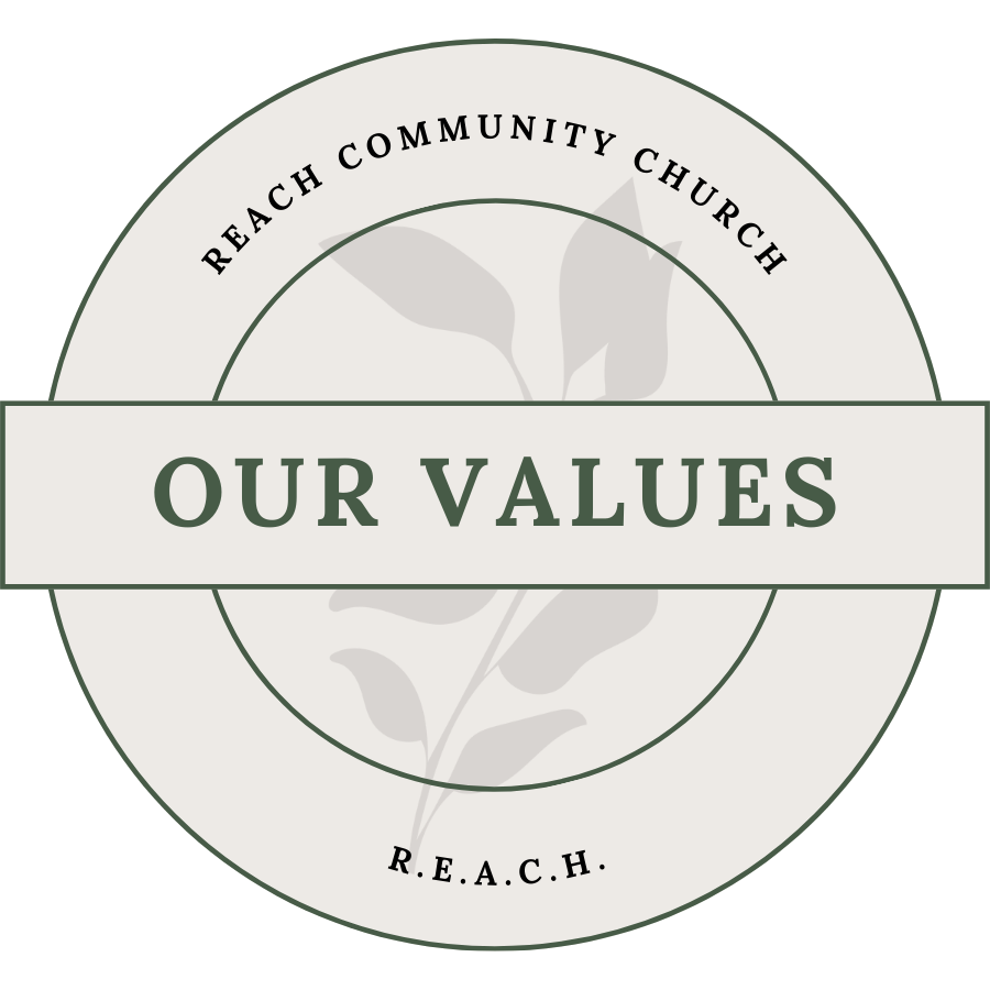 A circular emblem with a leaf design in the background. The top of the circle reads "Reach Community Church." A banner across the center states "Our Values." The bottom of the circle includes the acronym "R.E.A.C.H."