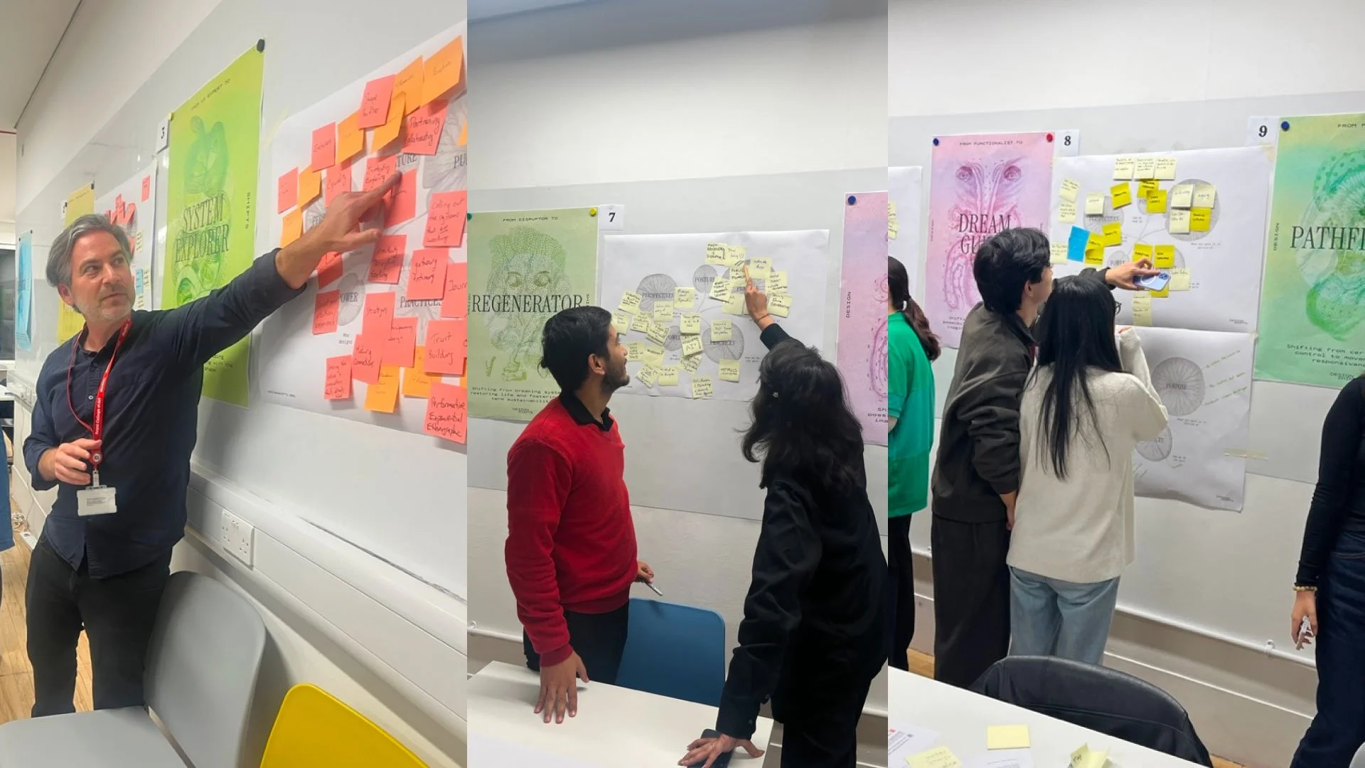 3 images of people pointing to post-its on a wall. This was a reflection activity.