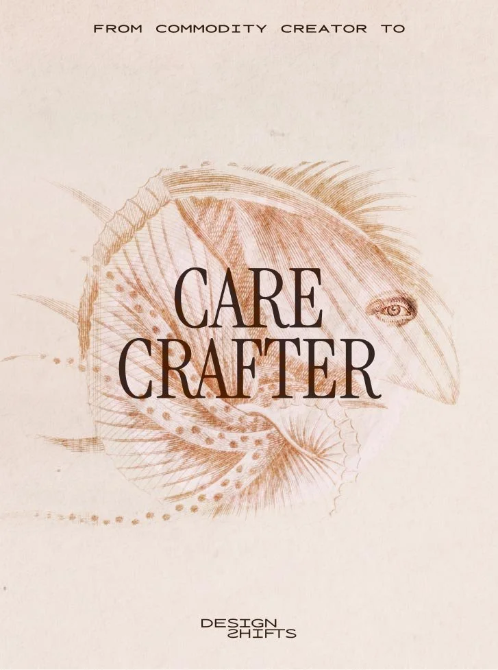 Brown image with abstract character with the text from commodity creator to care crafter.