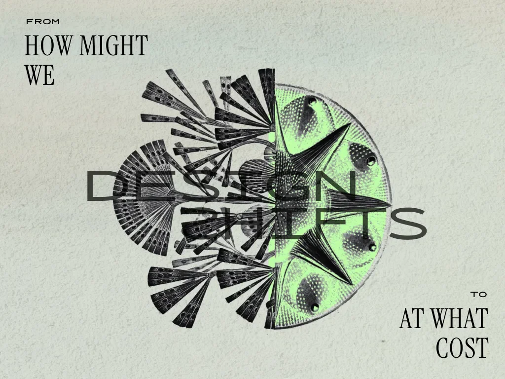 Abstract graphic with the text from how might we to at what cost