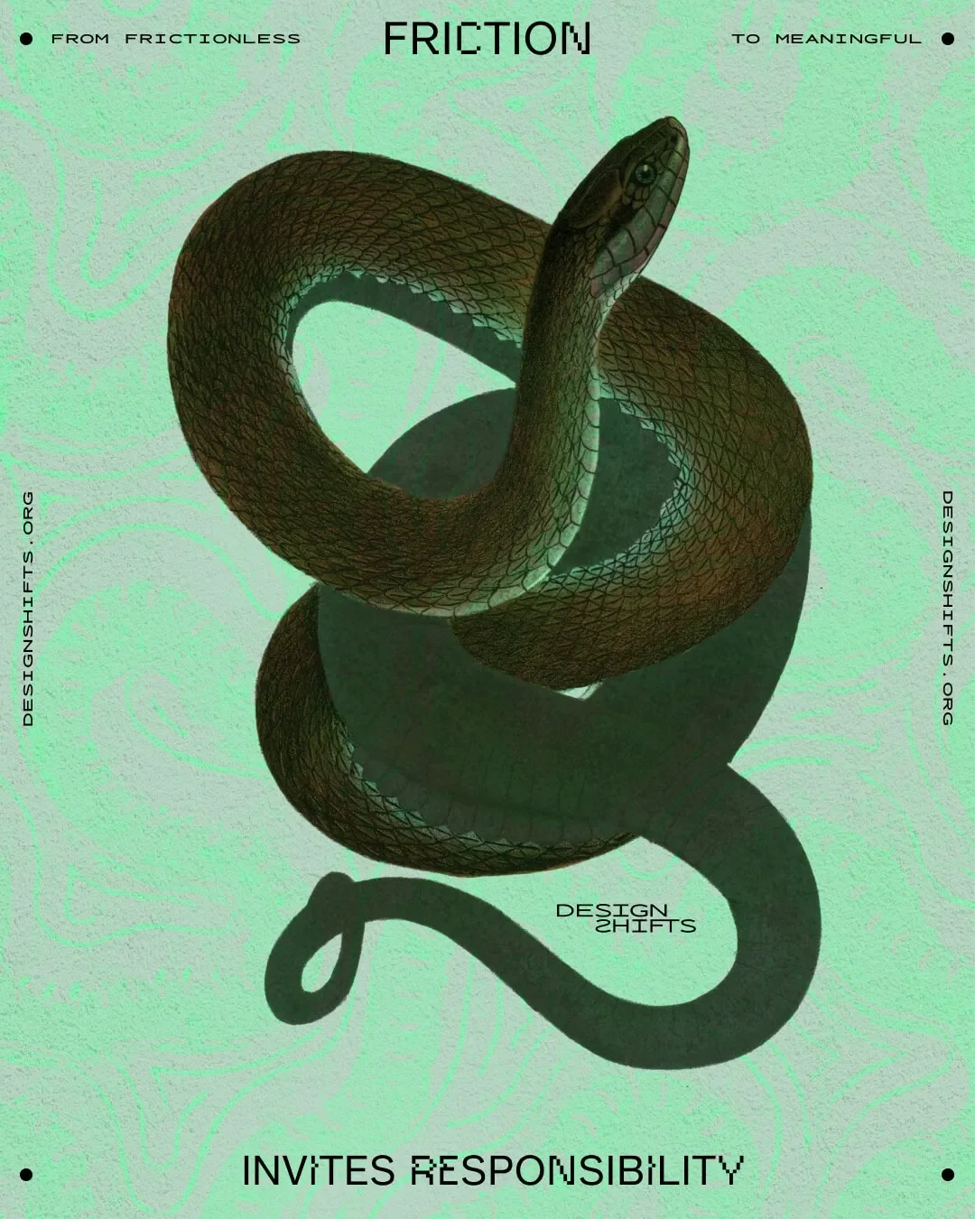 green snake image with the text Friction invites responsibility
