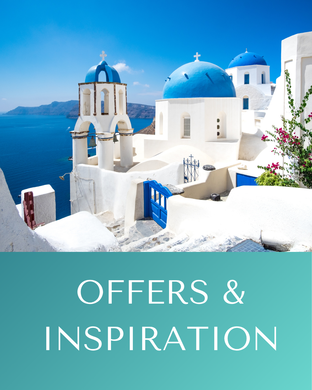 Photo of white buildings with blue domes and crosses, overlooking the sea in Santorini, Greece, with clear blue sky and distant mountains. Travel offers and inspiration.