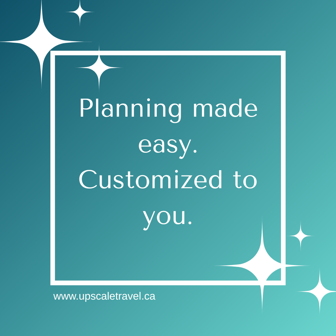 A teal background with white stars and a white border framing the text, which reads, 'Planning made easy. Customized to you.' followed by a website URL 'www.upscaletravel.ca' at the bottom.