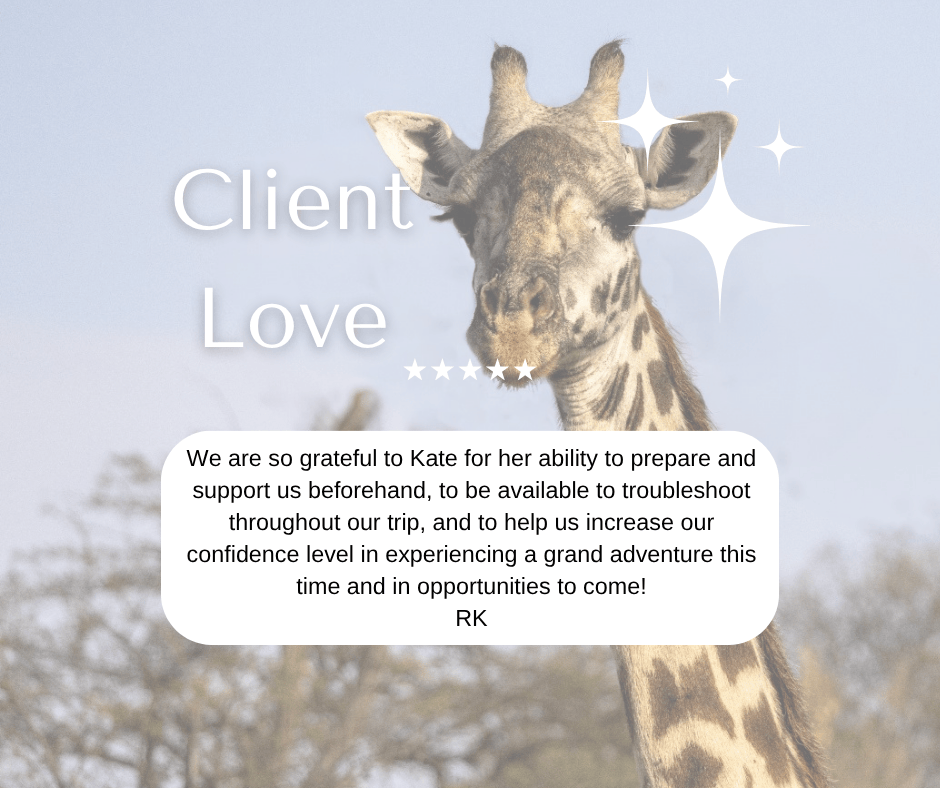 A close-up of a giraffe with a light blue sky background and text overlay that reads 'Client Love', accompanied by a thank you message from a client expressing gratitude for travel services provided.