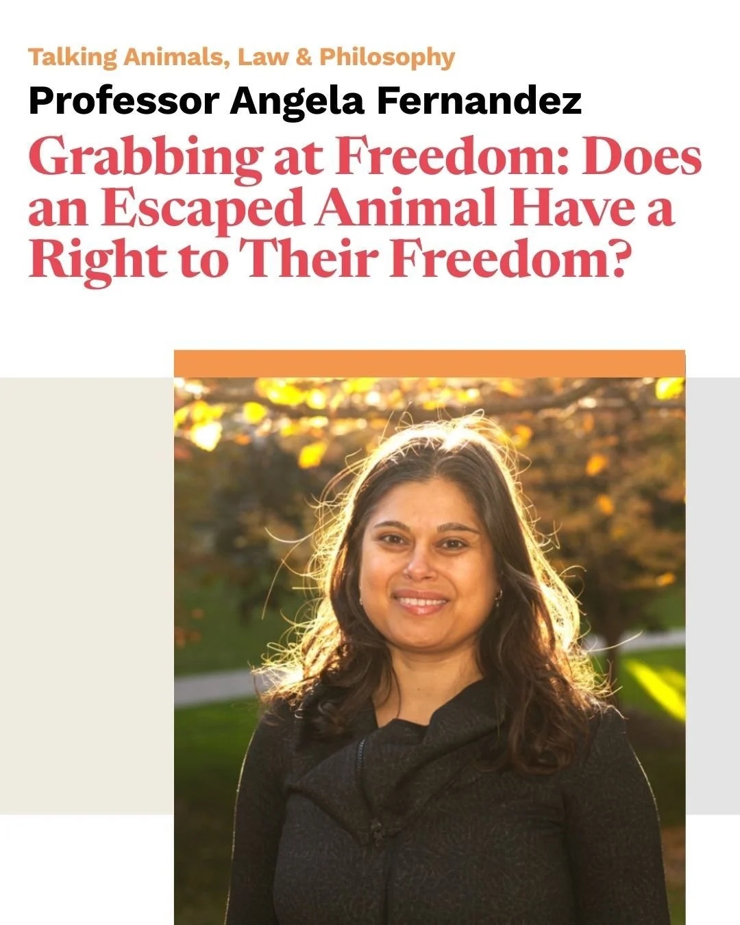 Professor Angela Fernandez (Professor and Director of the Animal Law Program at the Henry N.R. Jackman Faculty of Law at the University of Toronto with a cross-appointment in the Department of History) will deliver our next Talking Animals, Law &amp;