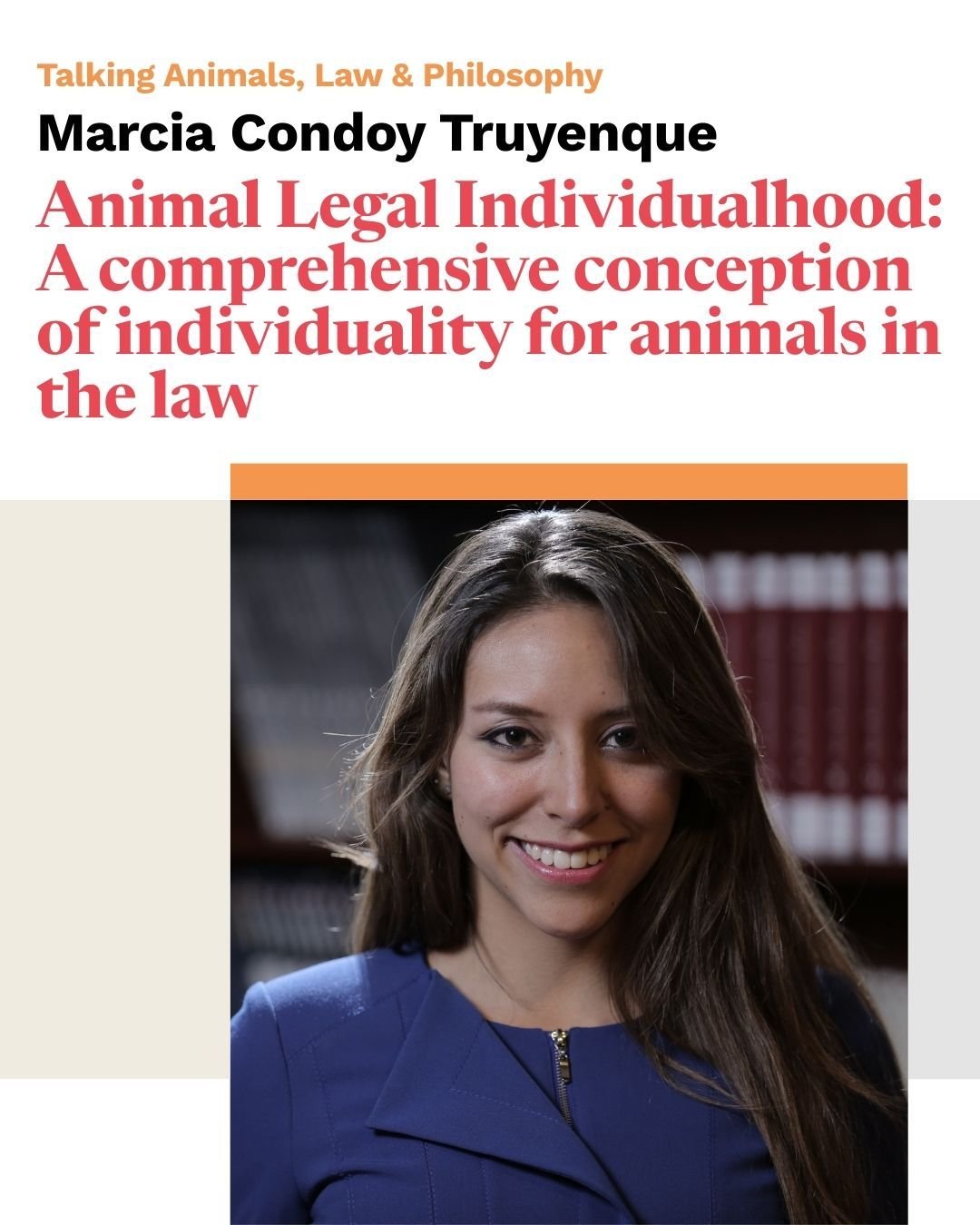 The next Talking Animals, Law &amp; Philosophy talk will be delivered by our Centre's Visiting Researcher, Marcia Condoy Truyenque (PhD candidate at the @universityofhelsinki). 

Marcia will present &ldquo;Animal Legal Individualhood: A comprehensive