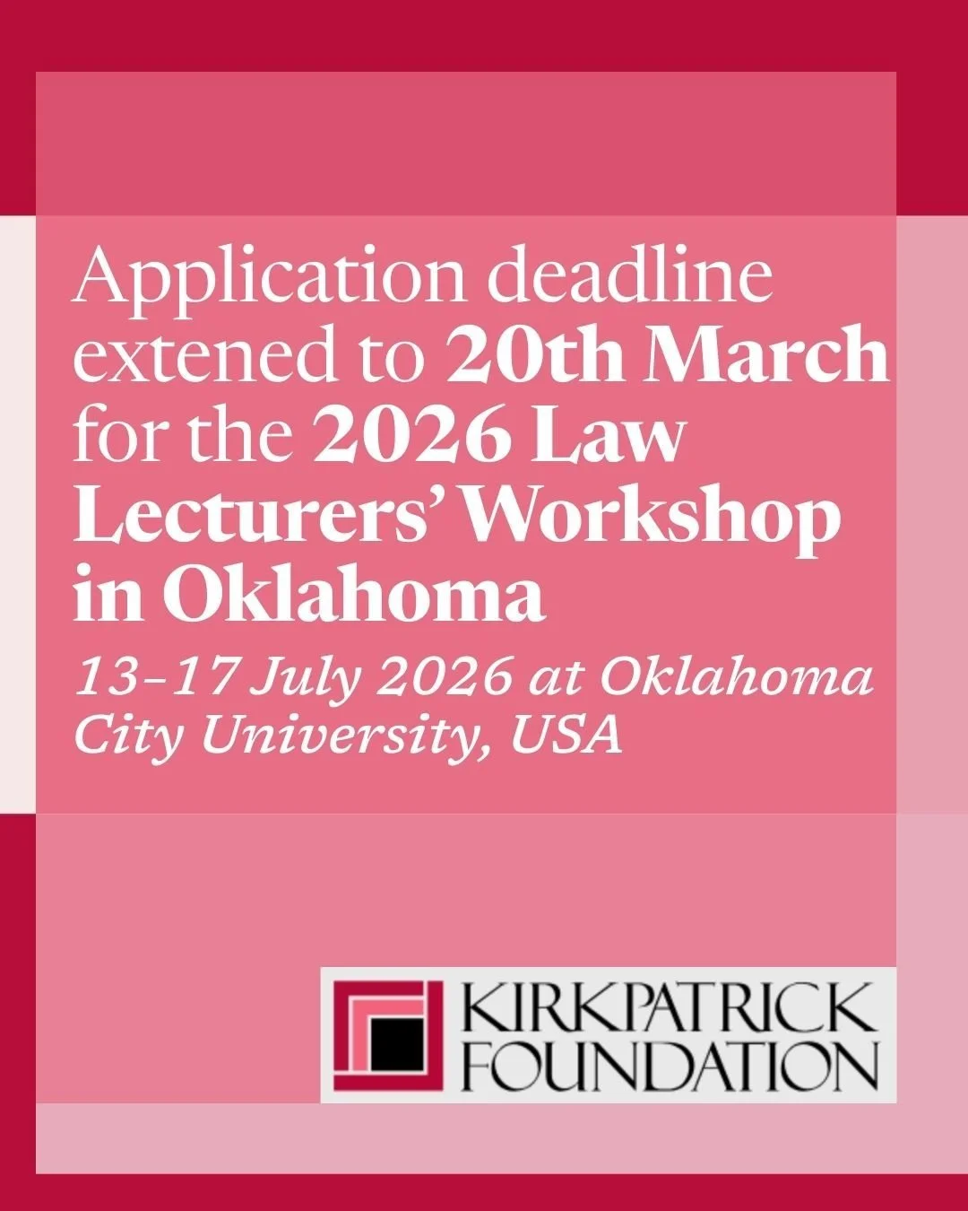 We are still accepting applications for our free Oklahoma Law Lecturers&rsquo; Workshop! 🧑&zwj;🏫 

This Workshop will be held from 13&ndash;17 July 2026 at Oklahoma City University, US, hosted by Charis Ward.

Thanks to the generous support from th