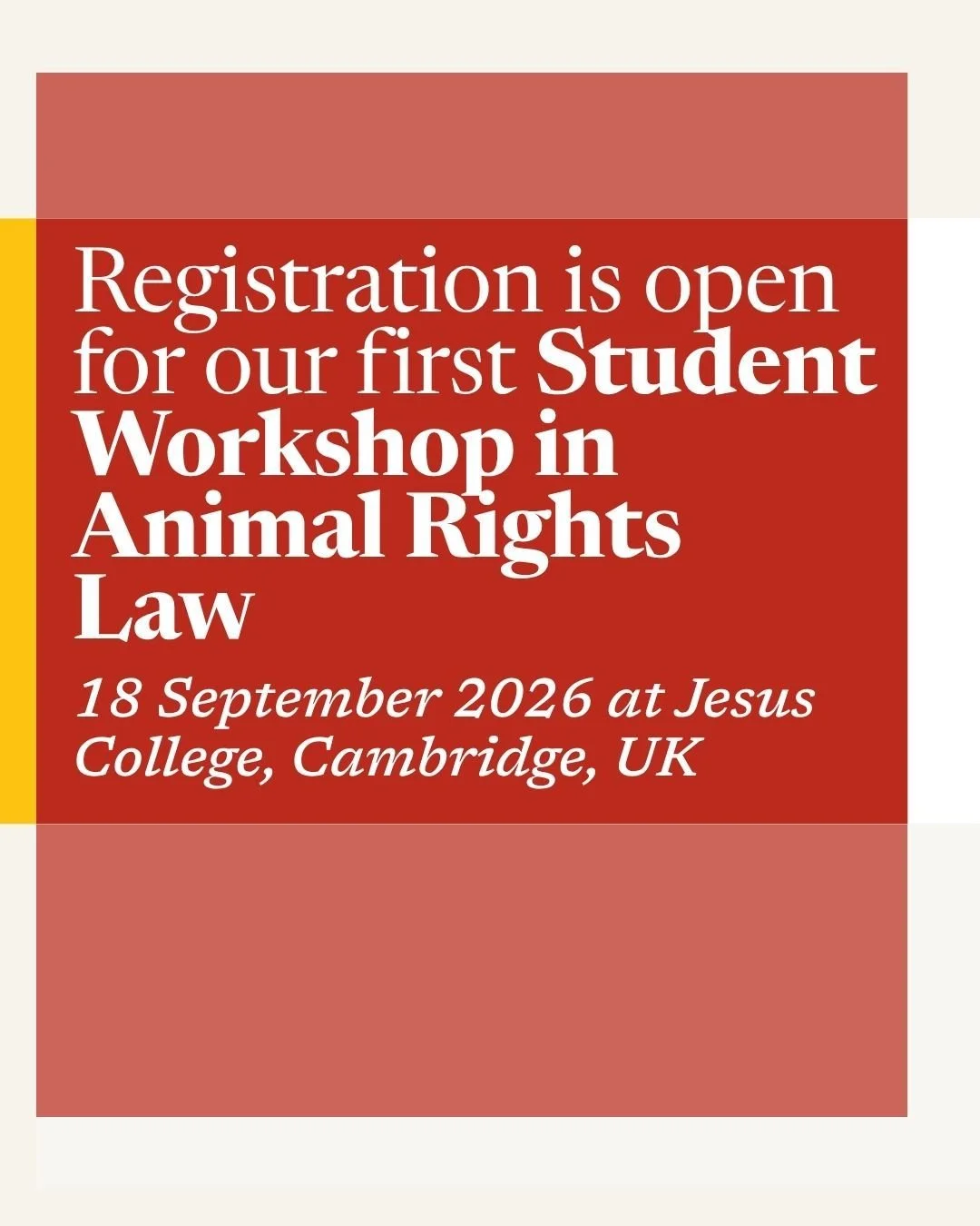 Are you an undergraduate or postgraduate student looking to develop and share your ideas on animal rights law? 

Apply for our Centre's inaugural Student Workshop in Animal Rights Law! 📚

This free Workshop gives students the opportunity to expand t
