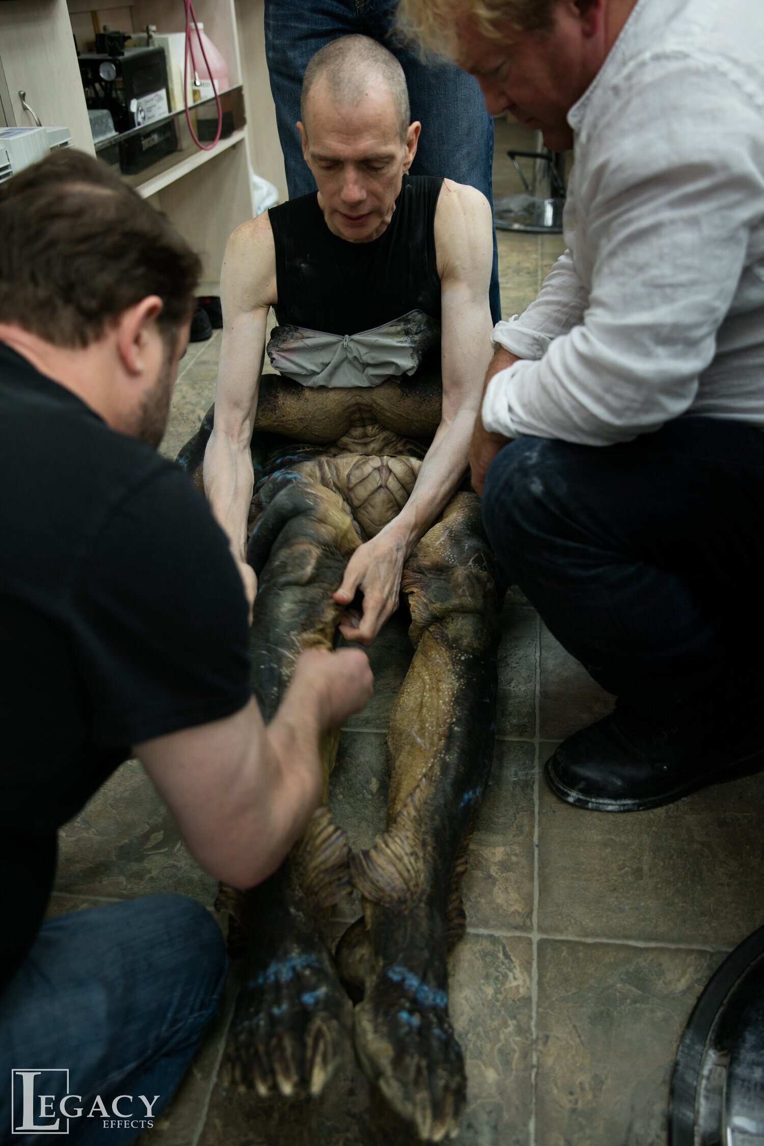 I worked on The Shape of Water, with the fabrication part of the amphibian makeup suit, and life casting. At Legacy Effects 2016. Doug Jones getting into the suit.