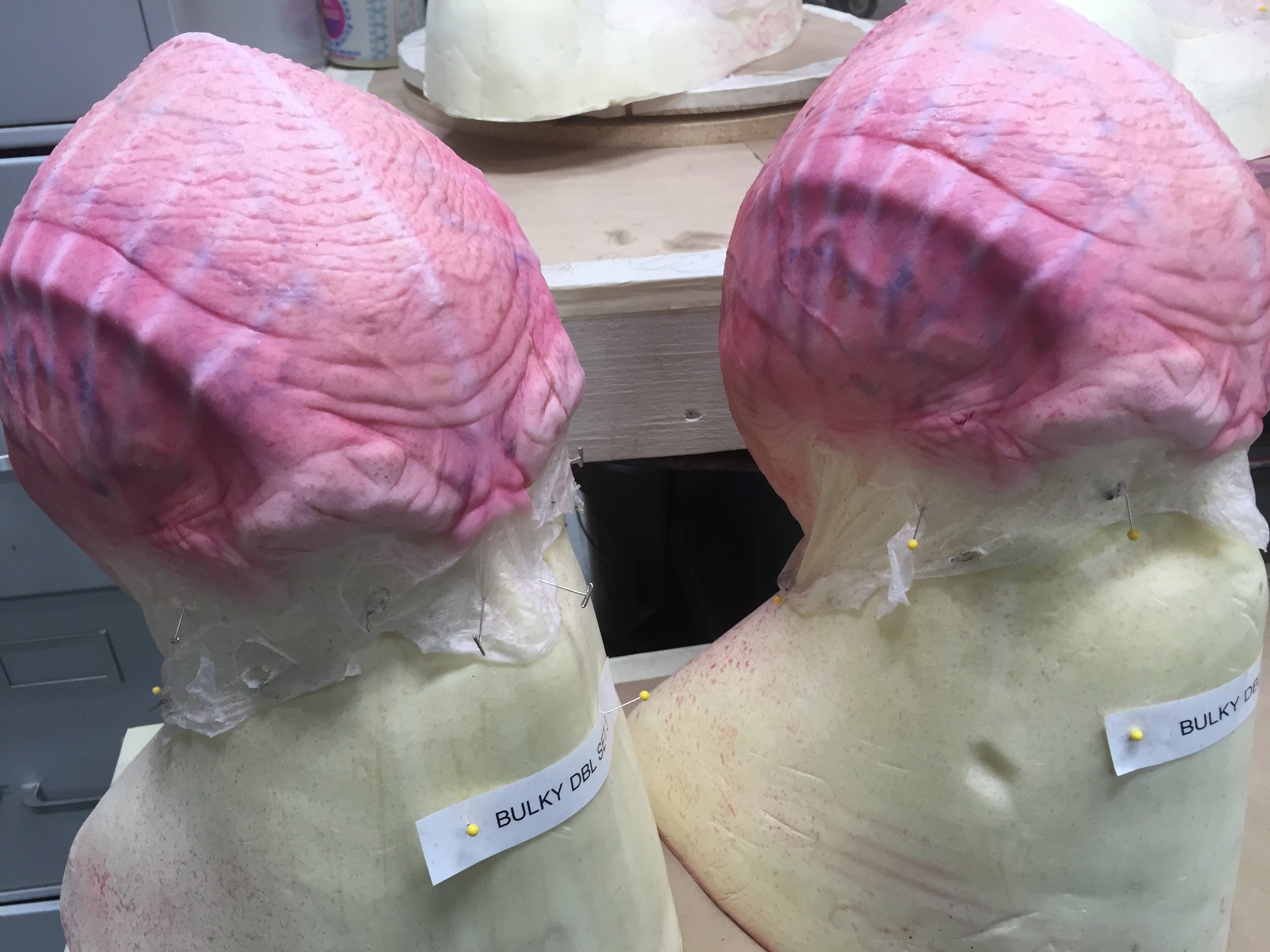 Two large modeling molds of human brains mounted on top of large busts of humanoid figures, with a pink and white color scheme.