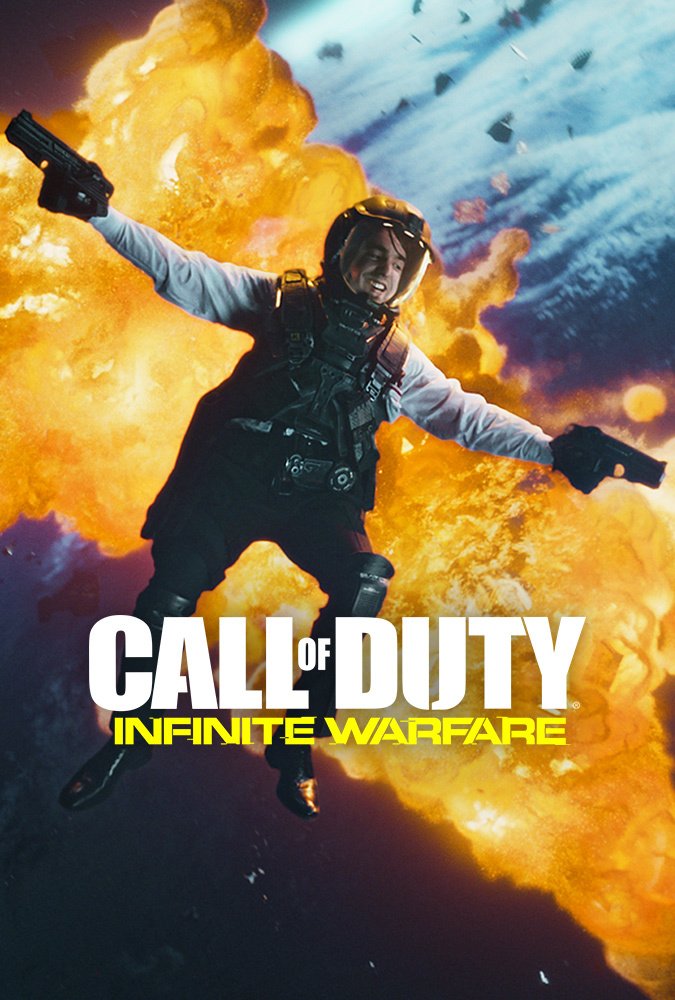 A soldier in tactical gear with weapons in each hand, jumping in front of a large explosion in the sky, with the text 'Call of Duty Infinite Warfare' at the bottom.