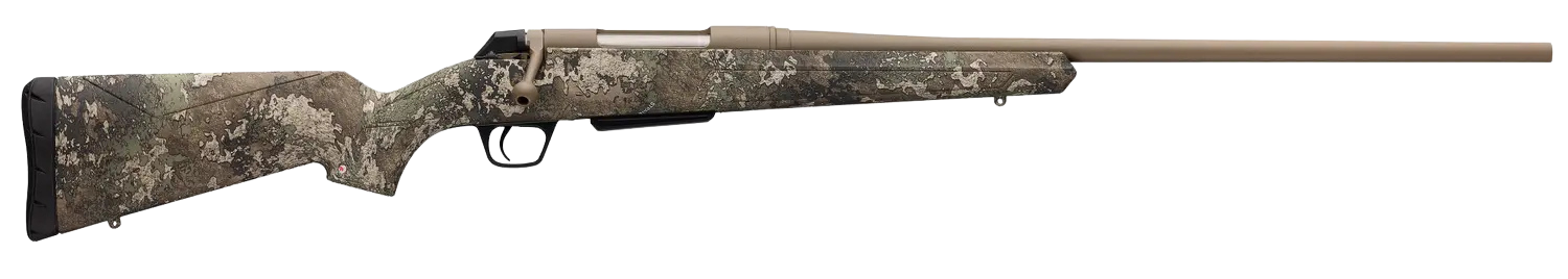 A camouflage-patterned rifle with a long barrel and a black stock.