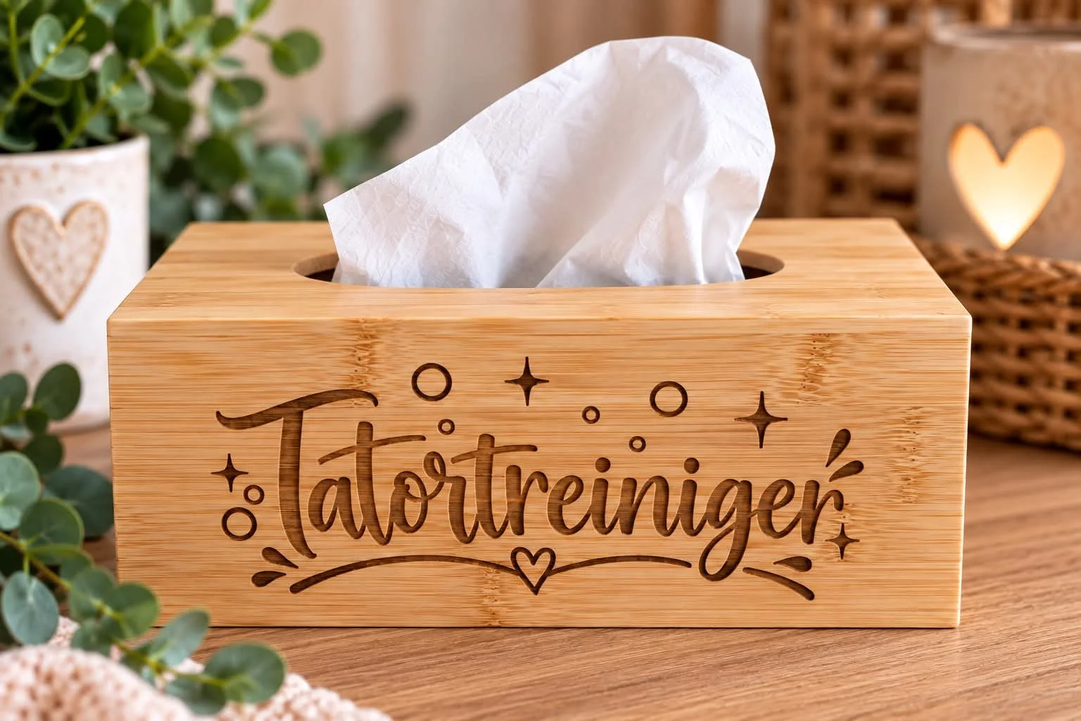 Personalisierte Taschentuchbox aus Bambus mit humorvoller Lasergravur