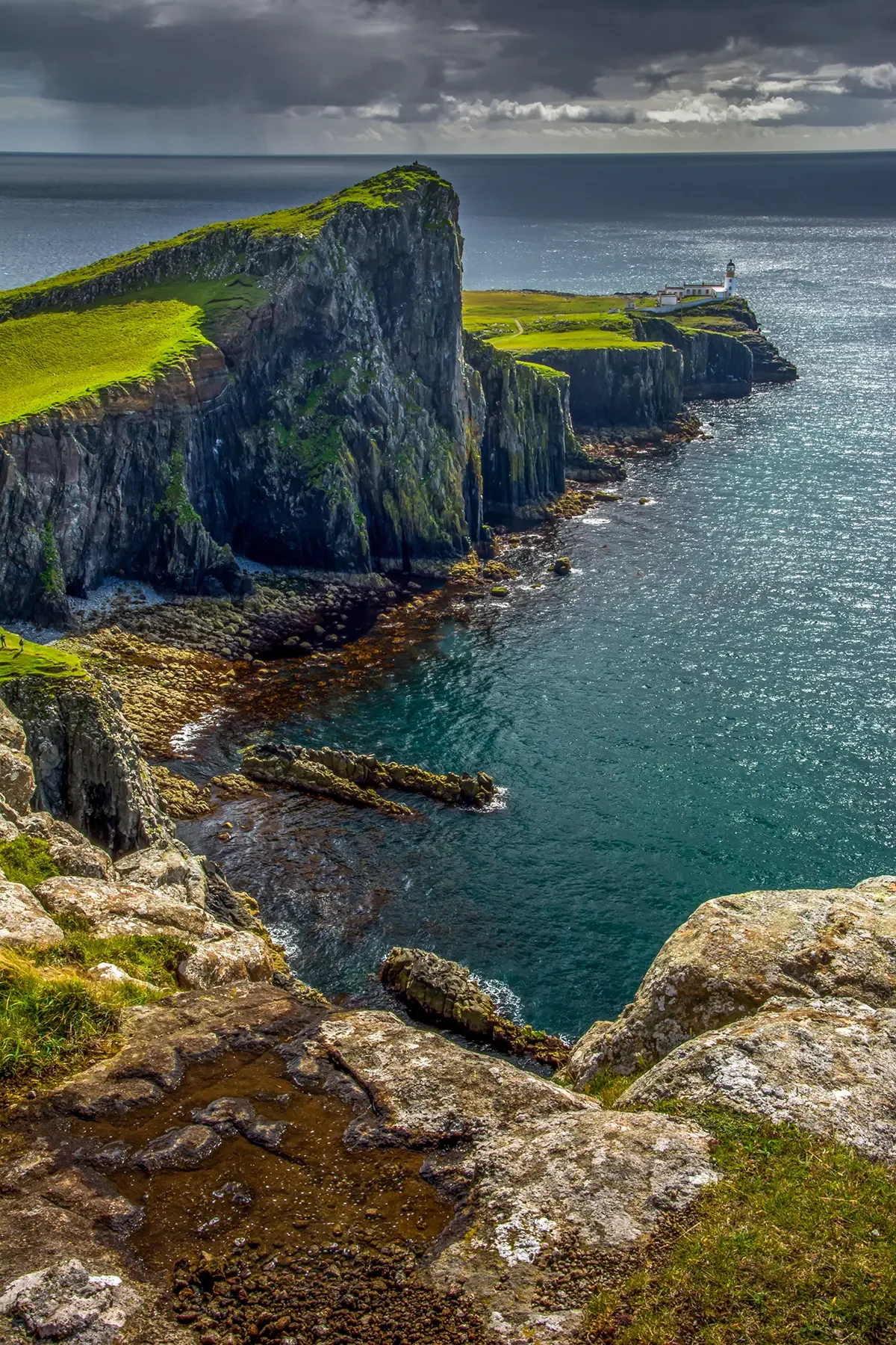 Cliffside landscape with green grass, rugged cliffs, and a lighthouse on a distant promontory overlooking the ocean on a cloudy day.