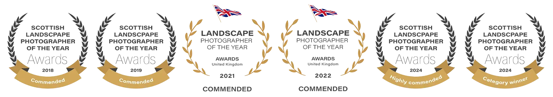 Five black, gold, and gray award badges with laurel wreaths and text, indicating recognitions like 'Recommended,' 'Highly recommended,' and 'Category winner'.