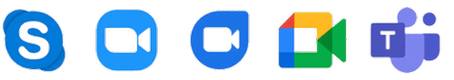 Icons of video conferencing and communication apps: Skype, Zoom, Cisco Webex, Google Meet, Microsoft Teams, and Google Meet.