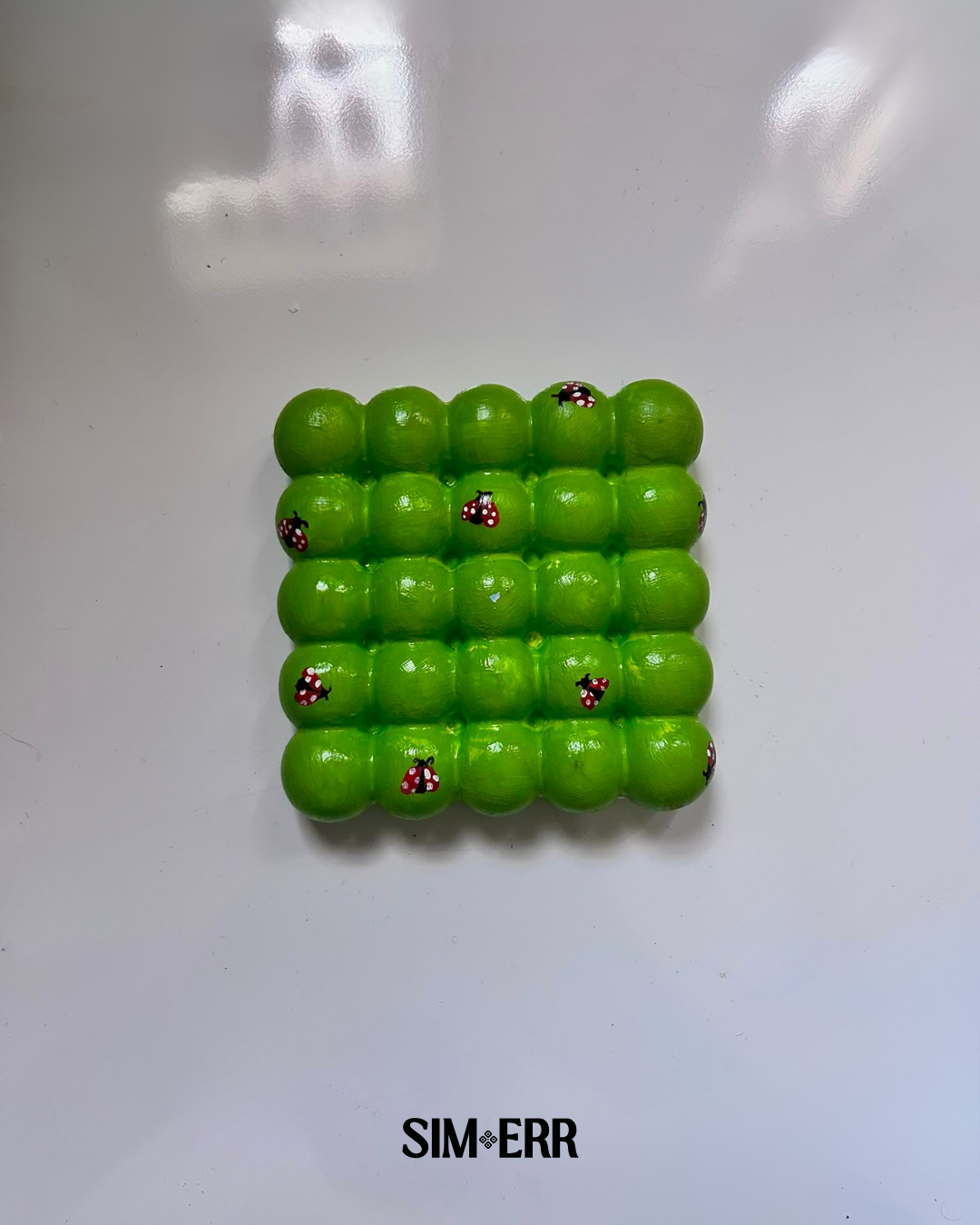 Apple green handmade bubble coaster with miniature hand-painted red ladybugs by Sim.err