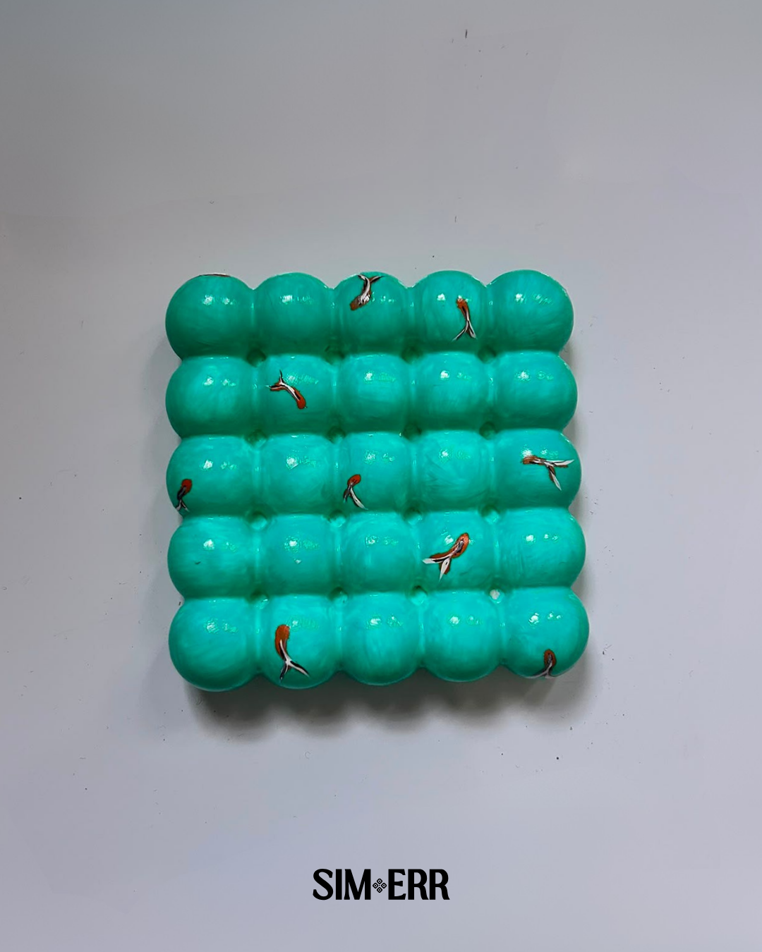 Teal handmade bubble coaster decorated with miniature hand-painted koi fish by Sim.err