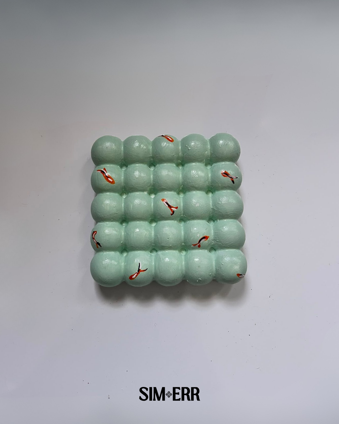 Seafoam green handmade bubble coaster with miniature hand-painted orange koi fish by Sim.err