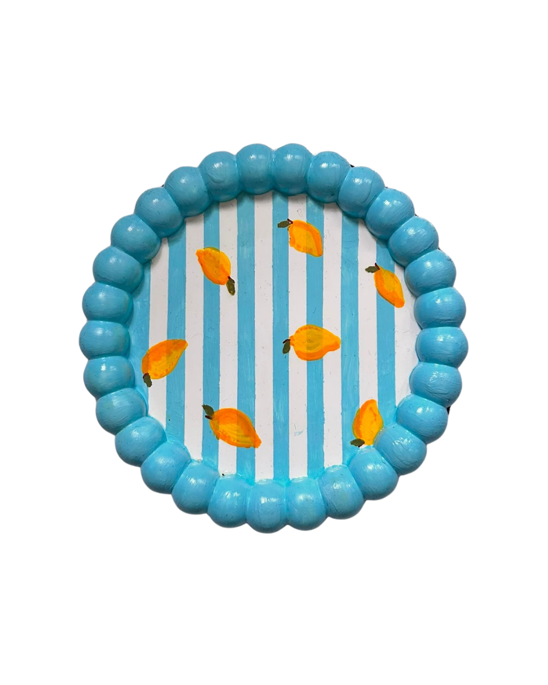 Handmade blue and white striped 6-inch bubble tray with hand-painted mangoes by Sim.err