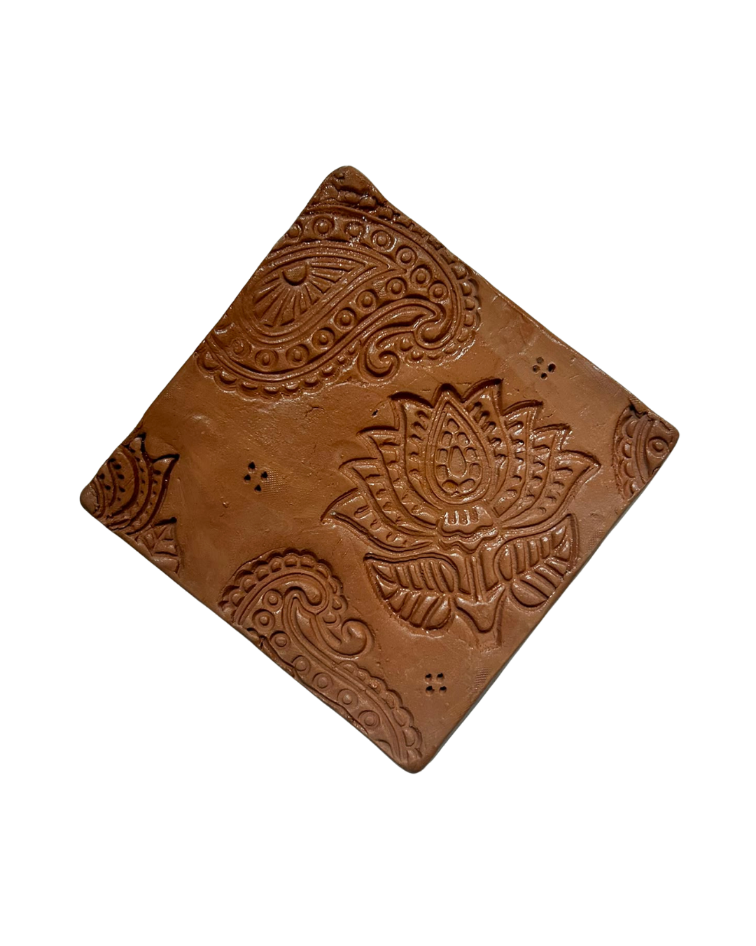 Handmade terracotta 4-inch coaster embossed with lotus and paisley patterns by Sim.err