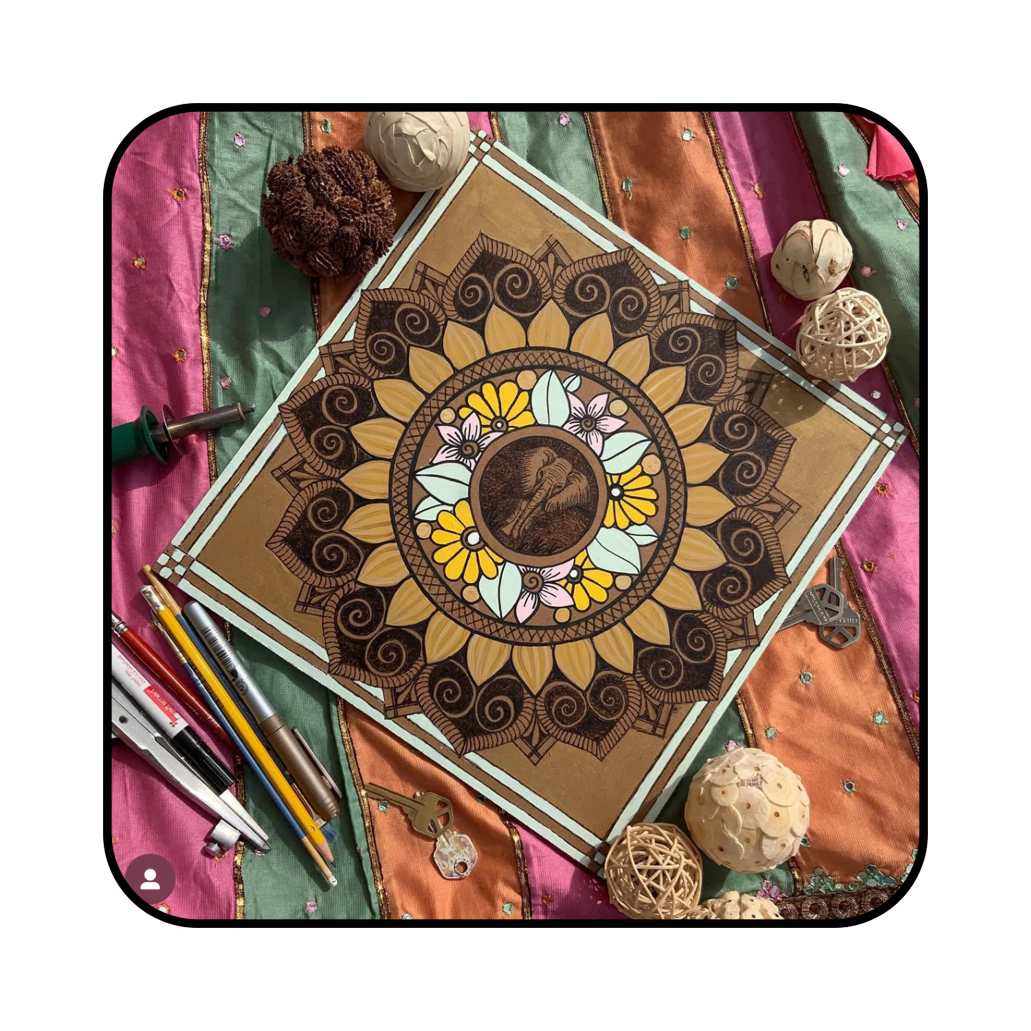 Wood burning tool and Acrylic Paint on Wood Panel