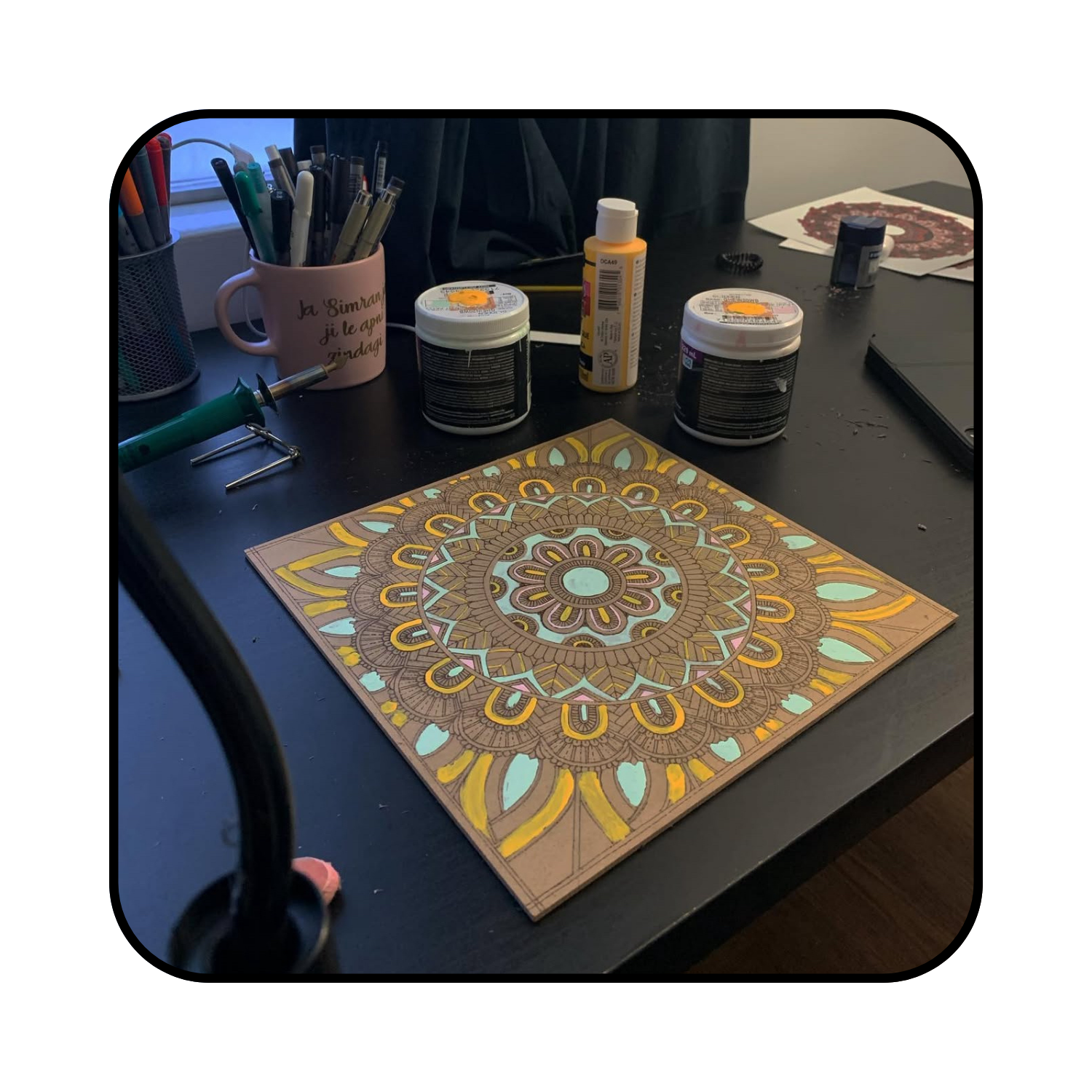 Wood burning tool and Acrylic Paint on MDF