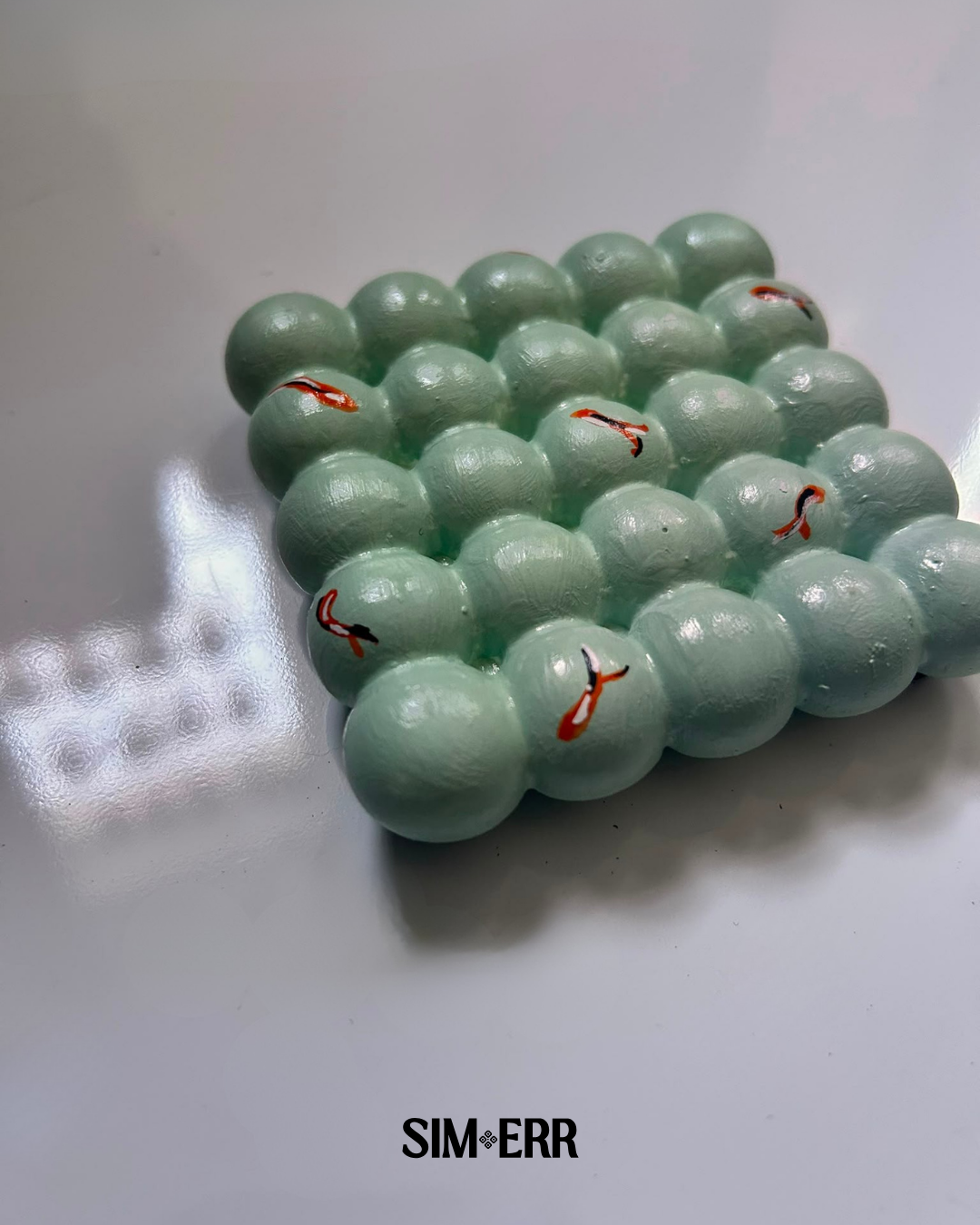 Seafoam green handmade bubble coaster with miniature hand-painted orange koi fish by Sim.err
