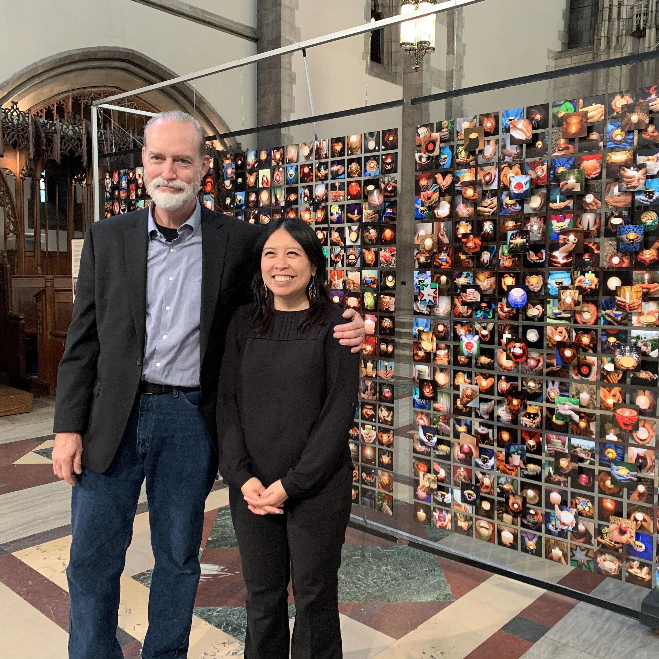 Here I am with my principal collaborator Robert (Bob) Reddy in front of our installation. 750 was on display at the Rockefeller Memorial Chapel at the University of Chicago for the Bicentennial of the Birth of the Báb event in 2019.