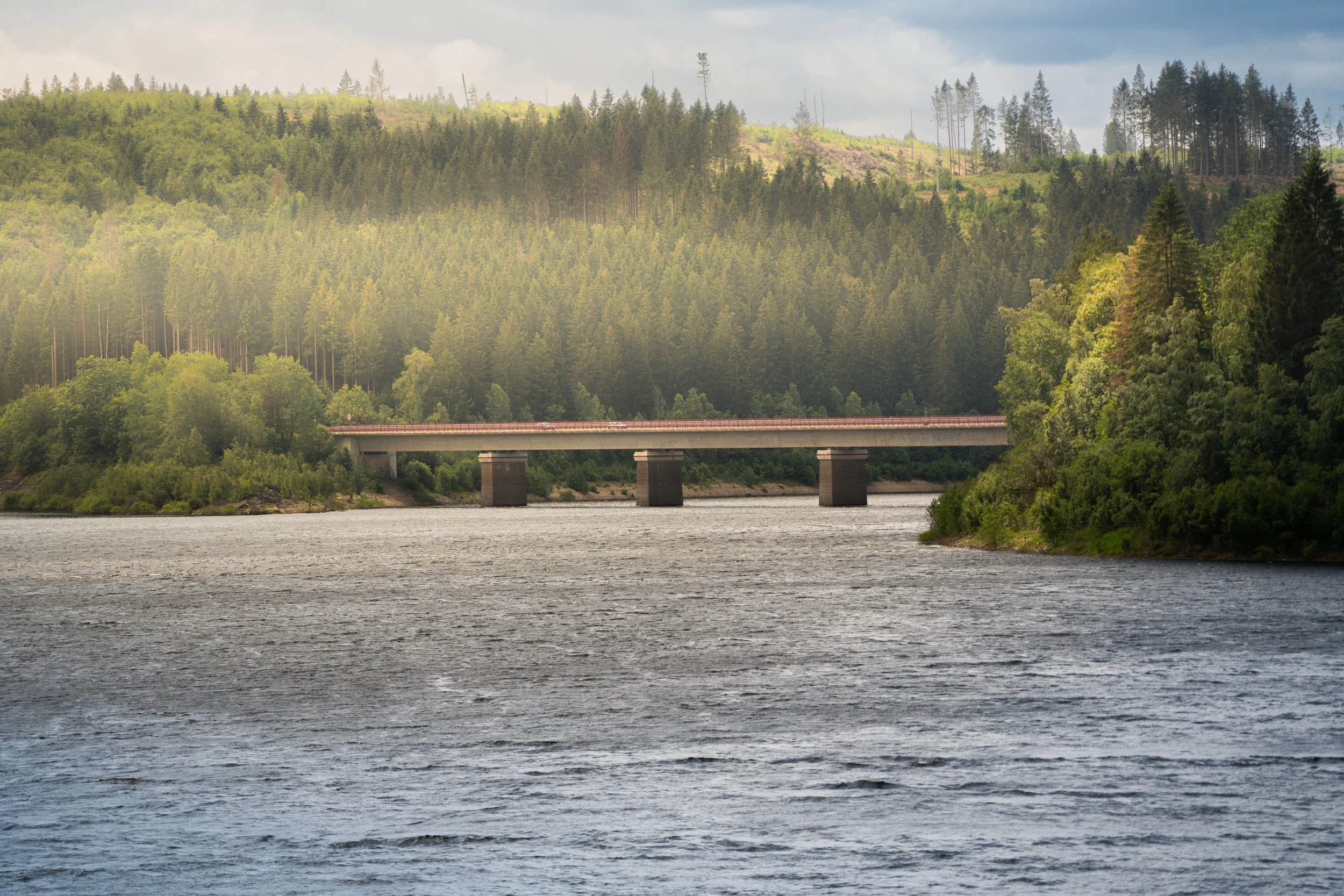 A large body of water with a bridge in the background and a forested hillside.