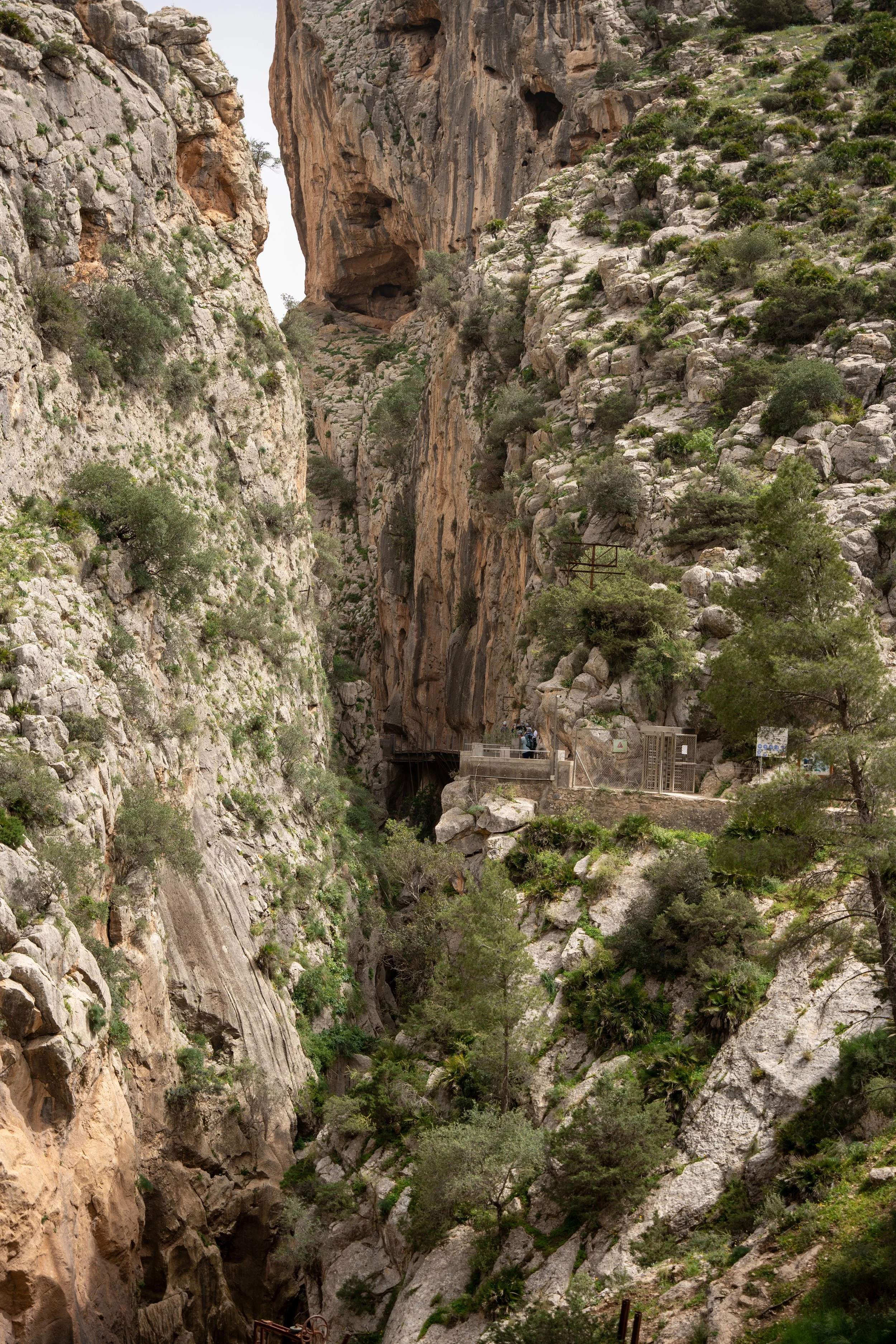 A narrow mountain canyon with steep rocky walls, some greenery, and a small pathway with people near a bridge.