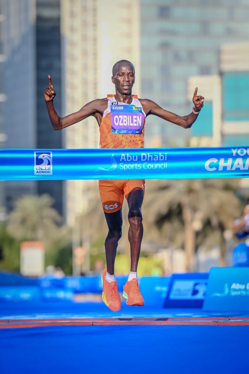 The winner of the 2025 Abu Dhabi Marathon crosses the finish line and takes the win!
