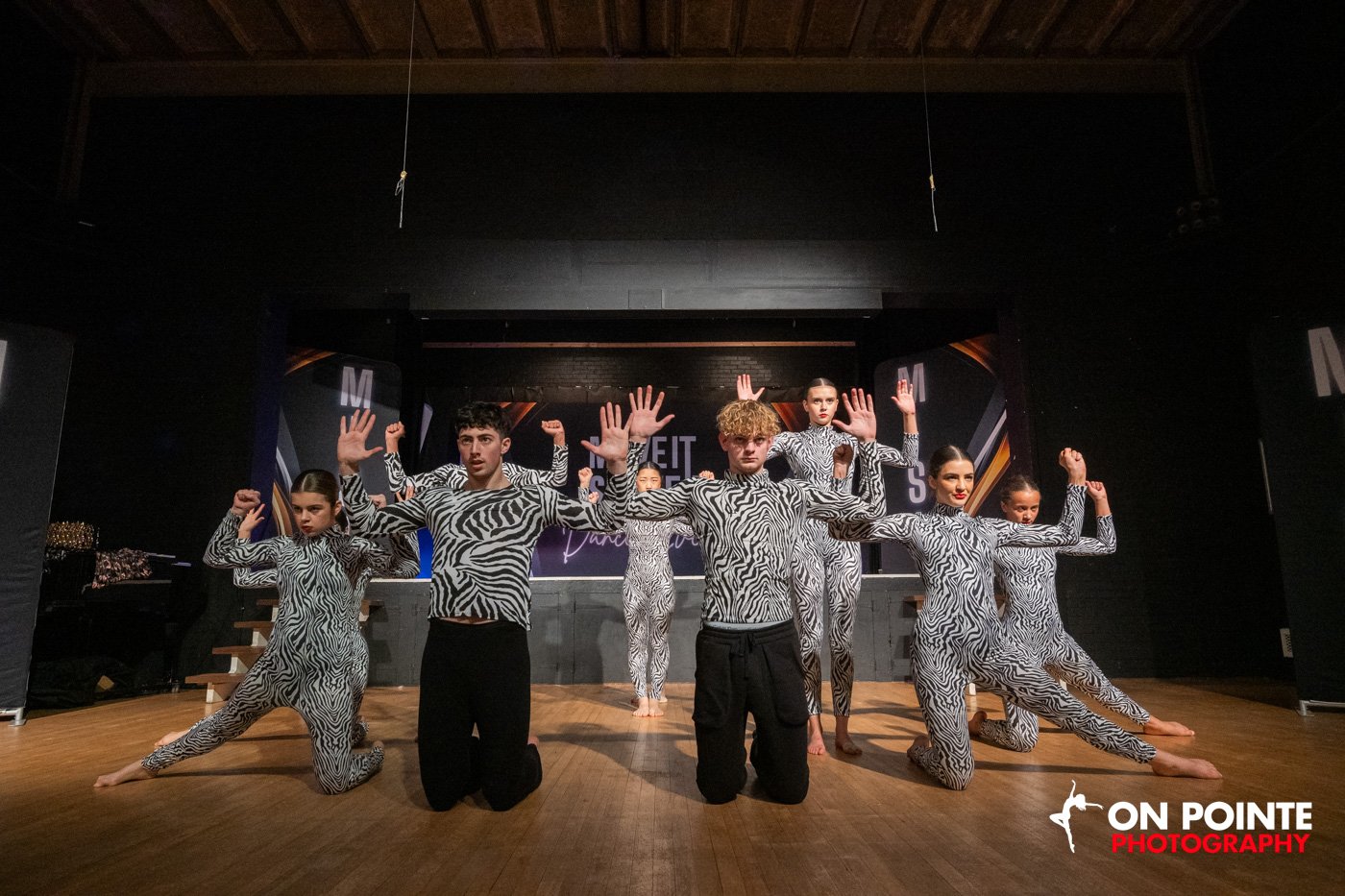 Dance group in zebra print costumes performing on stage.