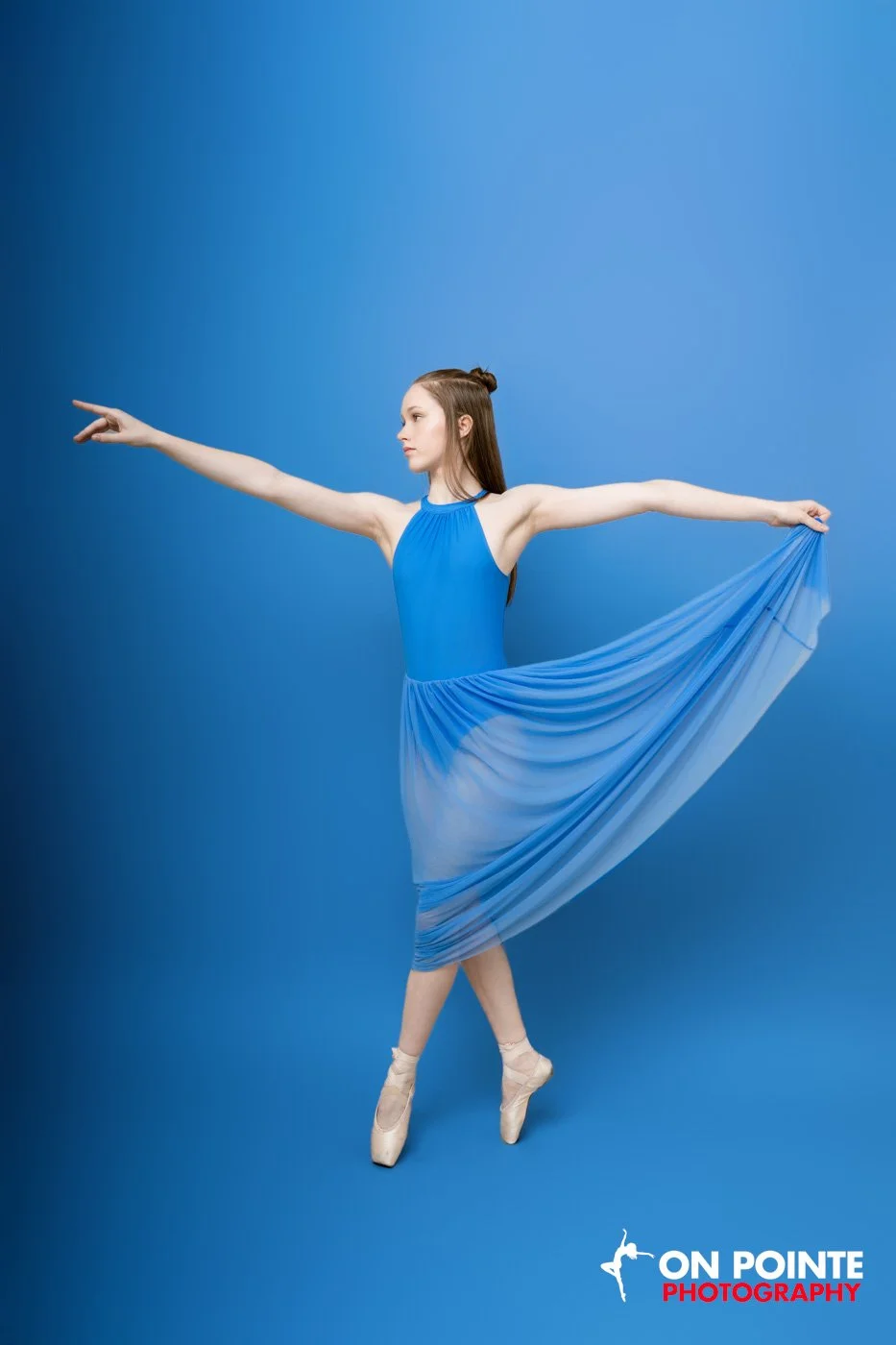 Ballet dancer in blue dress posing on pointe against blue background.