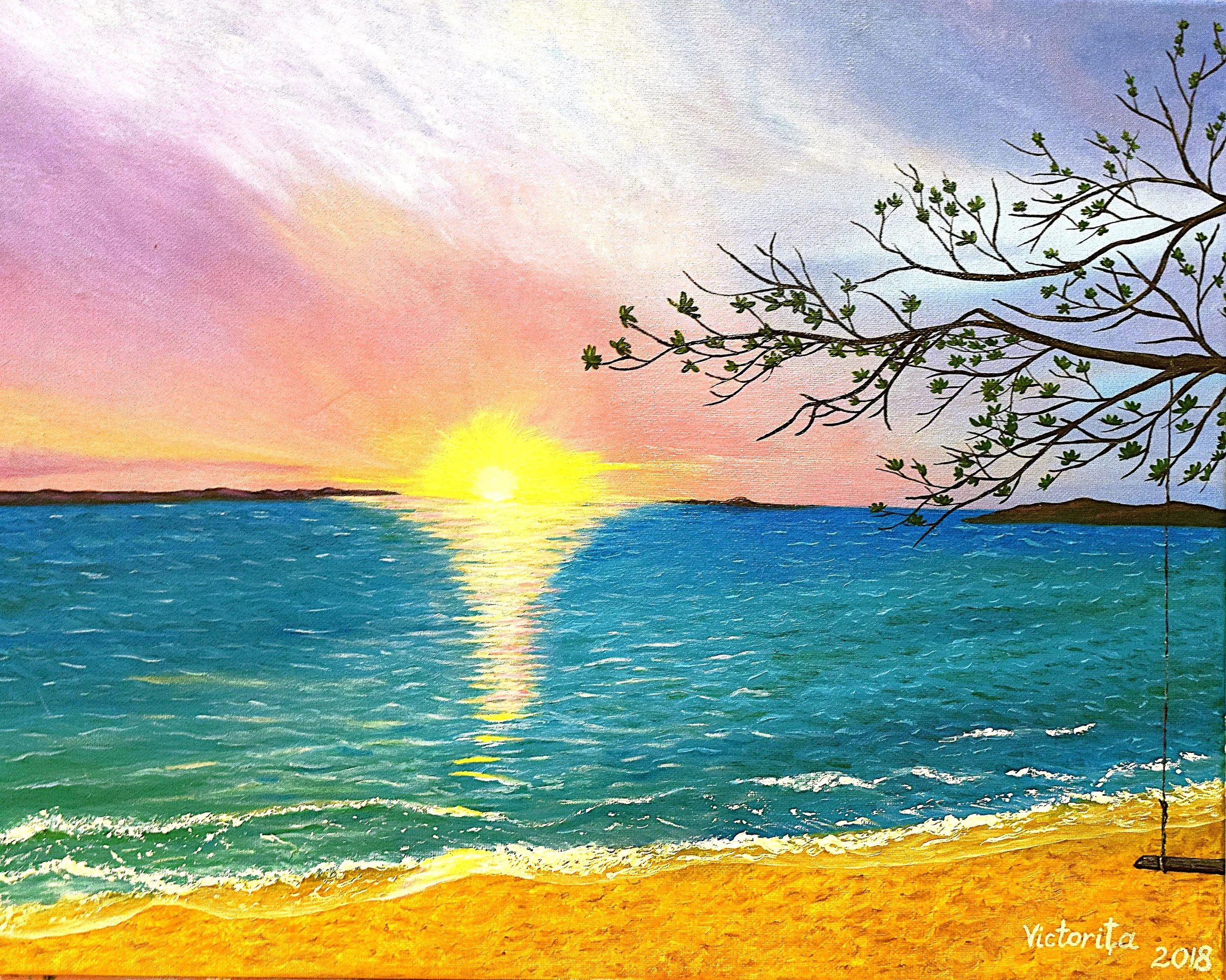 A colorful painting of a sunset over the ocean with a tree branch in the foreground, showing the sky in shades of pink, purple, blue, and yellow, and the water reflecting the sunset's colors.