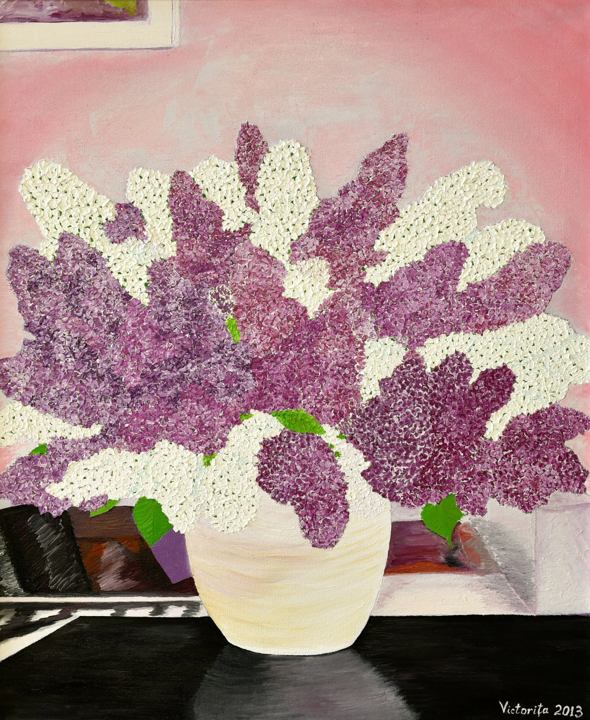 A painting of a bouquet of purple, white, and pink lylac flowers in a yellow vase on a dark table, signed Victoria 2013.