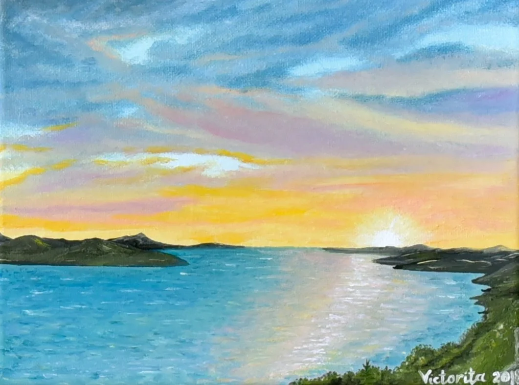 A landscape painting of a body of water at sunset with hills on both sides and a colorful sky with clouds.
