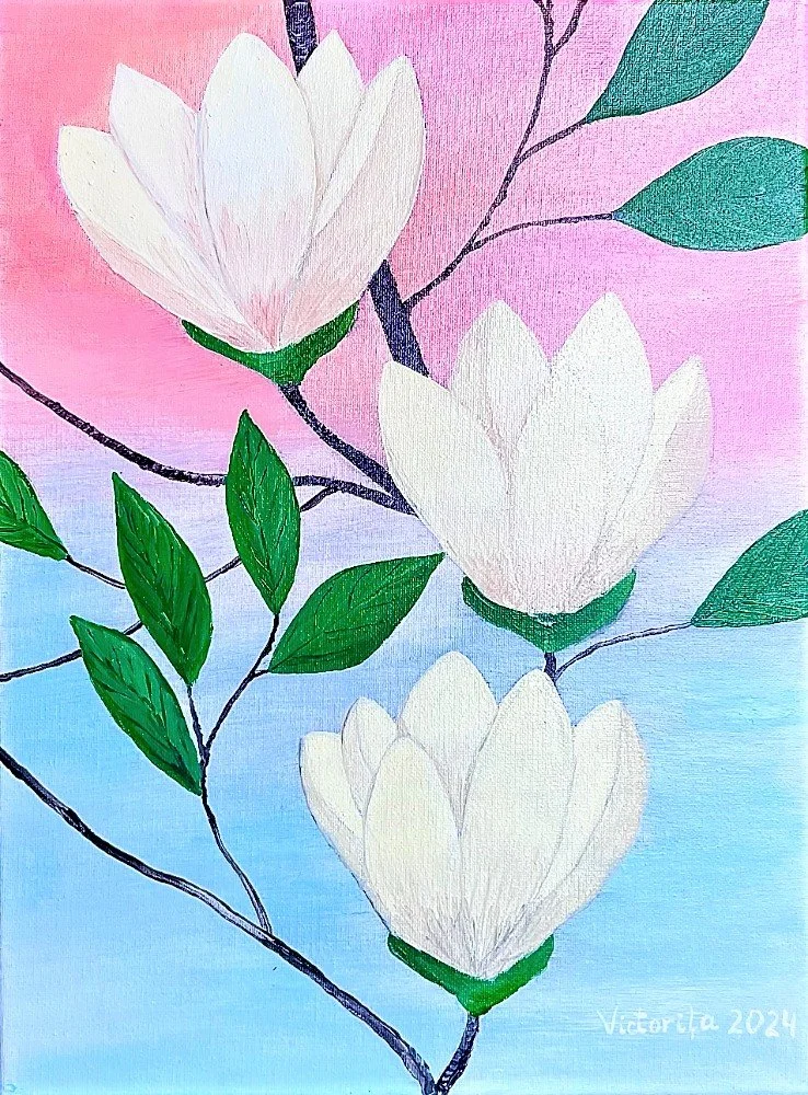 Painting of three large white magnolia flowers with green leaves and dark branches set against a pink to blue gradient background.