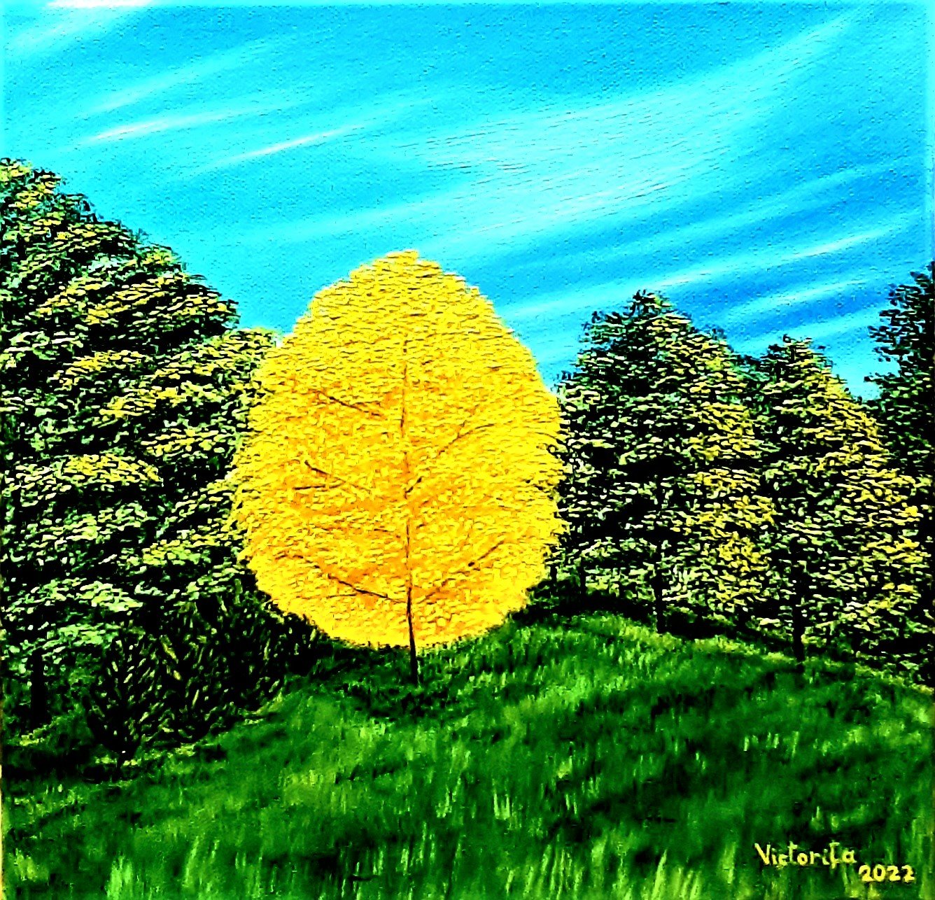 A vibrant painting of five trees in a grassy field under a bright blue sky. One tree has yellow leaves, while the others have green and white foliage. The artist's signature, Vittoria 2022, is in the bottom right corner.