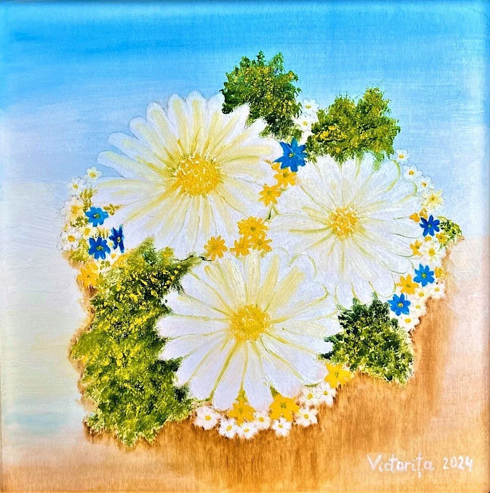Painting of a bouquet of white daisies, yellow small flowers, blue flowers, and green leaves on a light background, signed 'Victoria 2024' in the lower right corner.