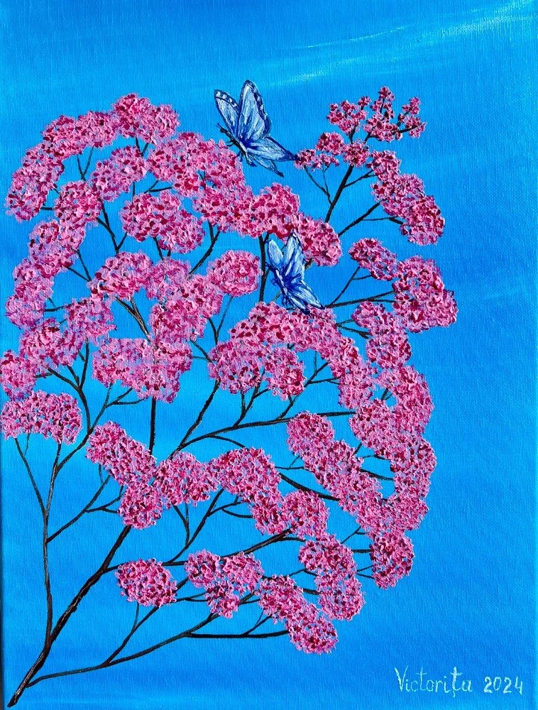 Painting of pink flowers with two blue butterflies on a blue background, signed Victorita 2024.