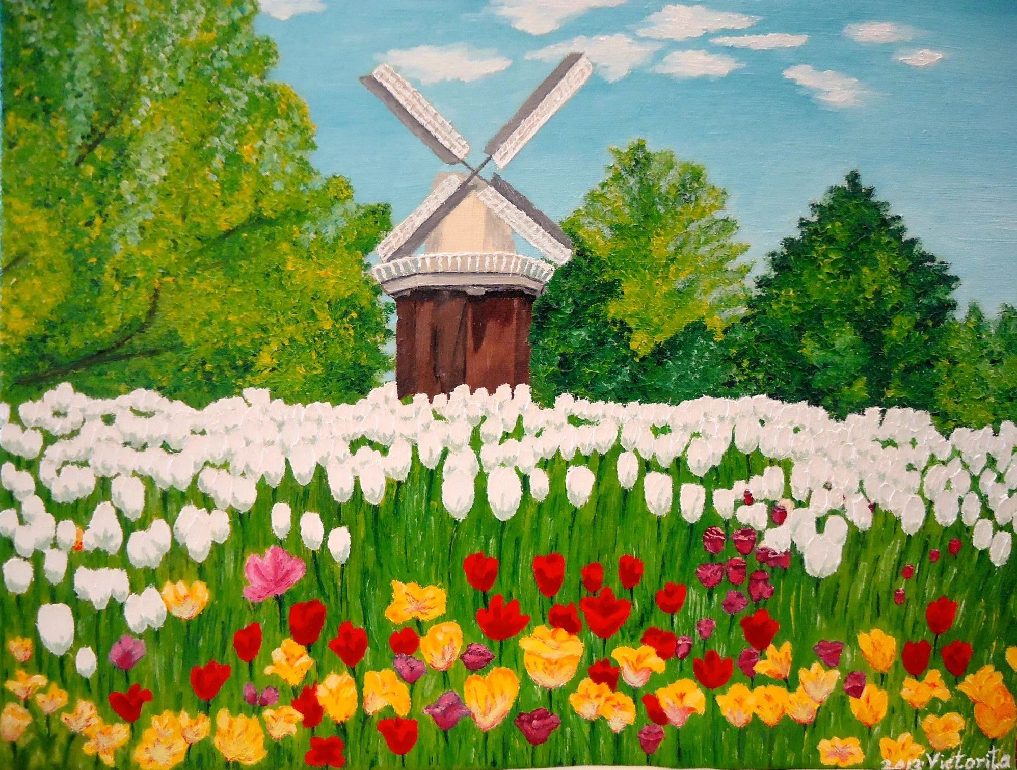 A colorful painting of a rural scene featuring a windmill surrounded by green trees and a vibrant flower garden, with a blue sky and clouds overhead.