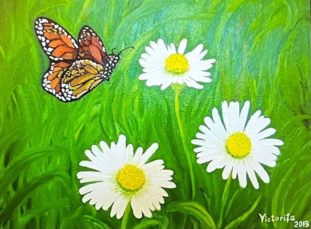 A painting of a monarch butterfly flying above three white daisies with yellow centers against a green grassy background.