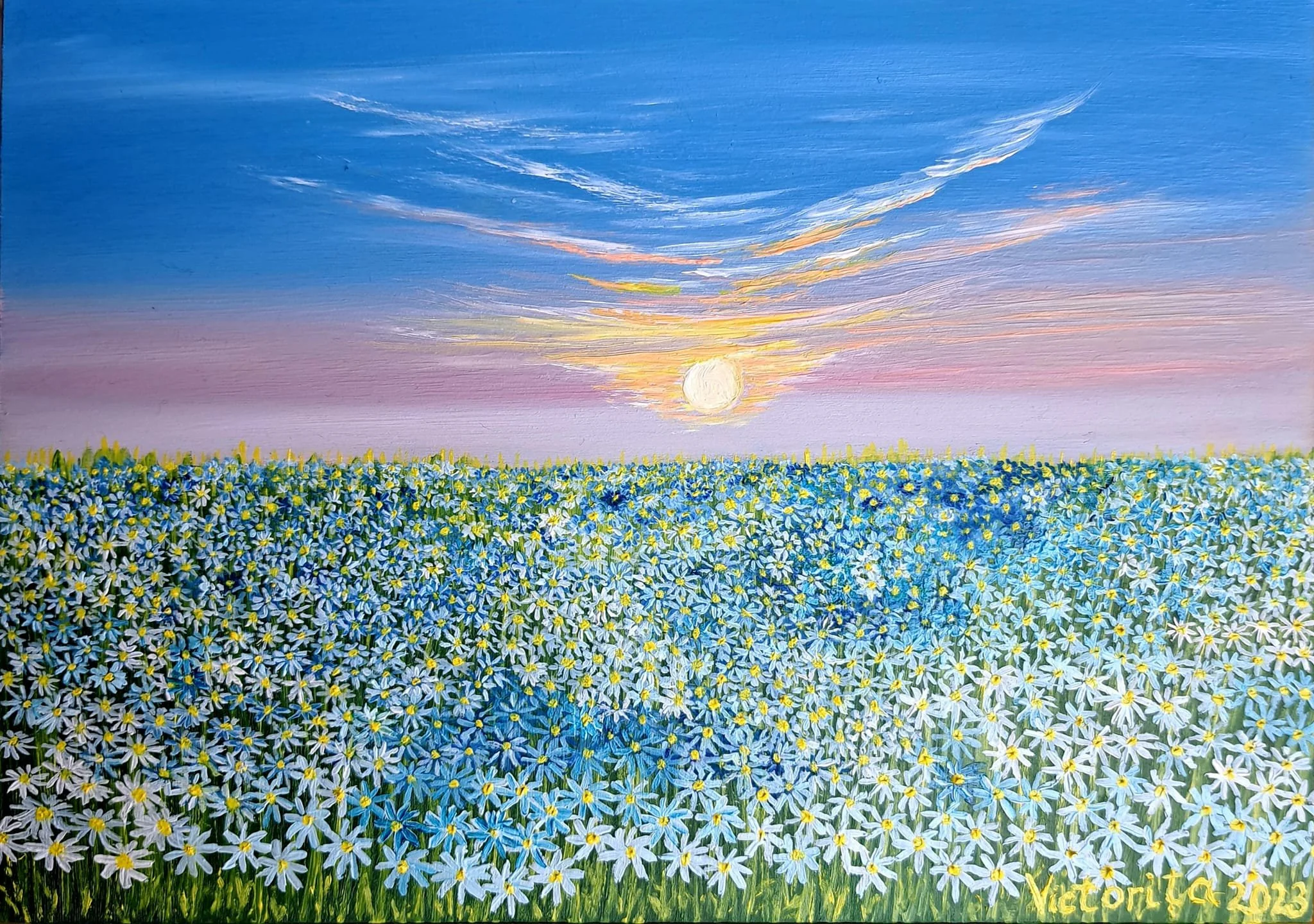 A landscape painting of a field of white and blue daisies under a colorful sunrise sky with wispy clouds.