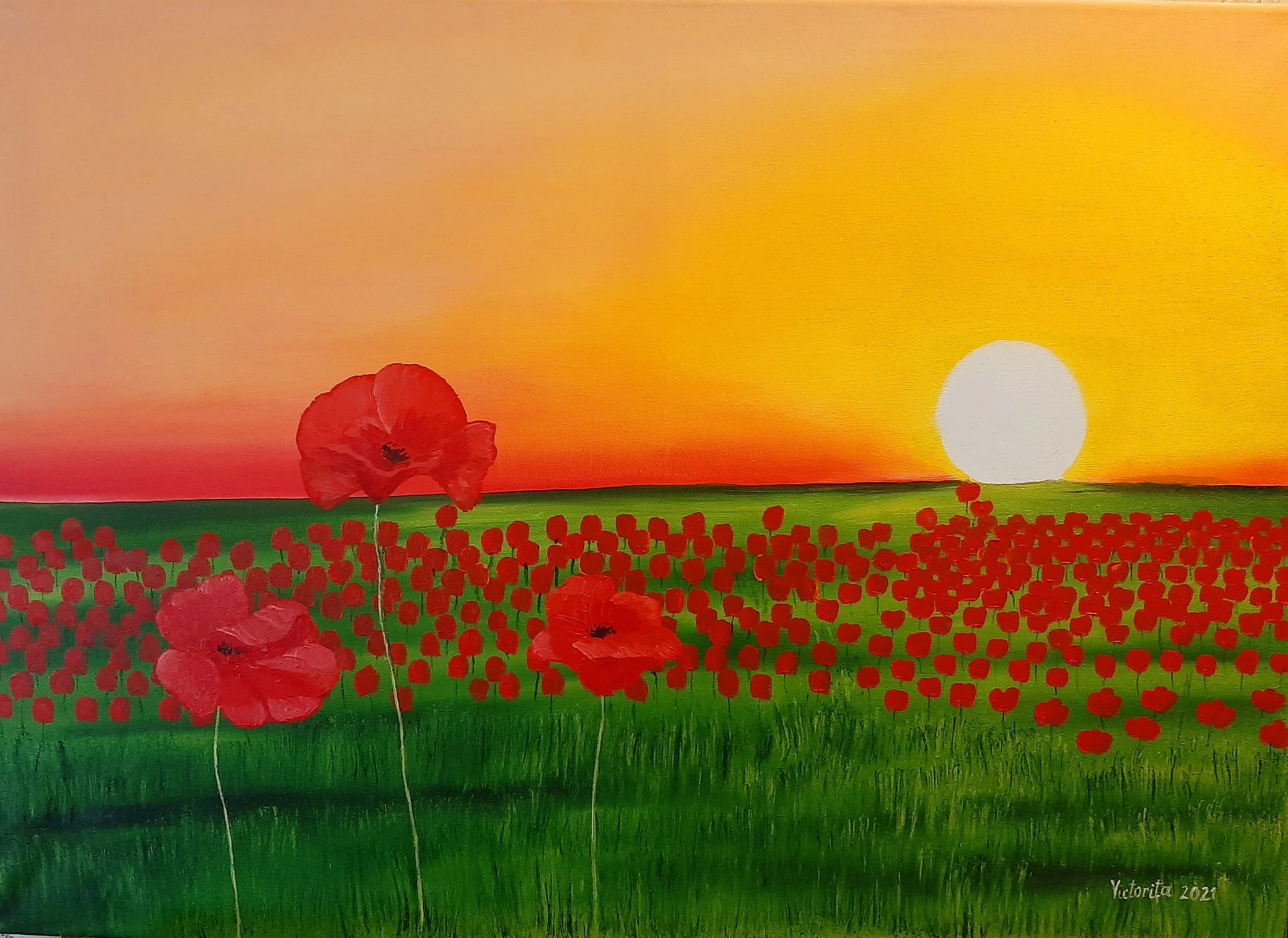 A painting of a field of red poppies with a setting sun in the background, with a yellow sky and a gradient from orange to pink, signed 'Victoria 2021' in the bottom right corner.