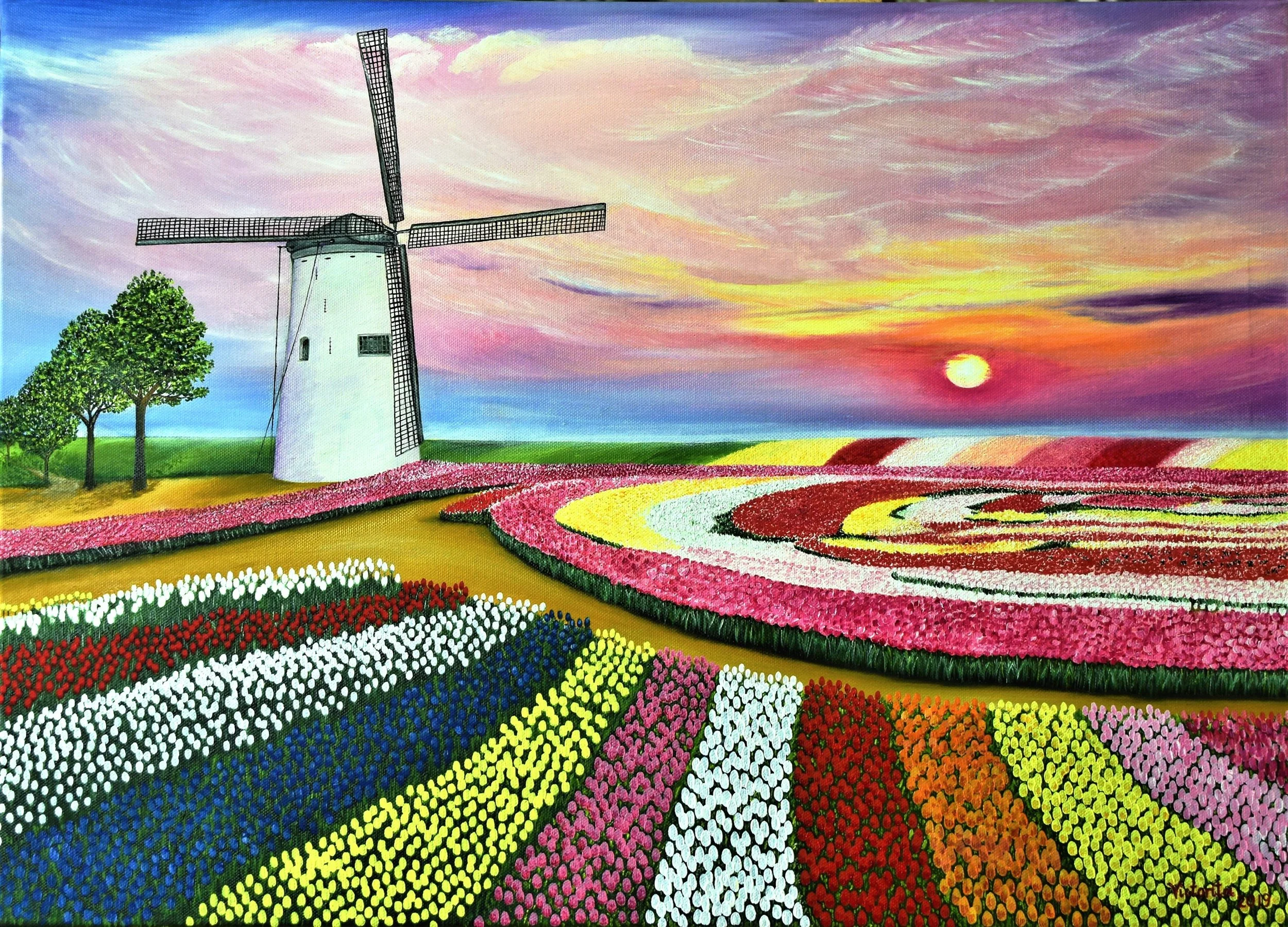 An artistic painting of a colorful tulip gardens with a windmill and a sunset in the background.